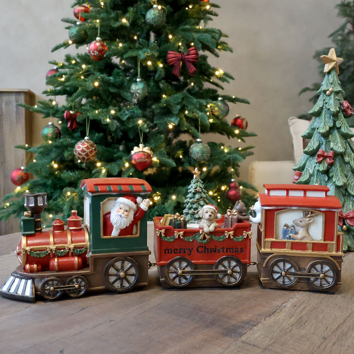 Noël Weihnachtszug mit 2 Wagen und LED, Polyresin, cherry
