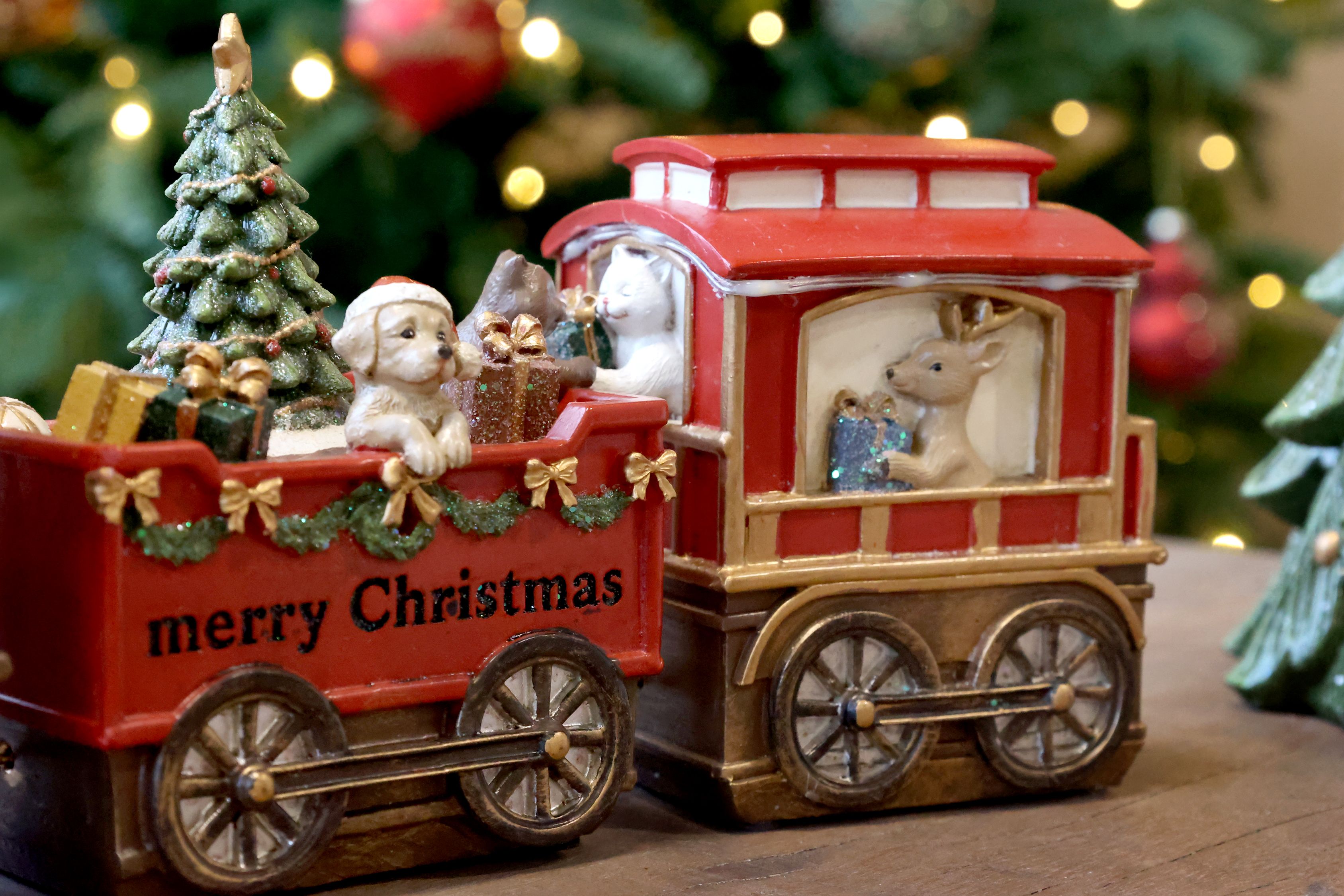 Noël Weihnachtszug mit 2 Wagen und LED, Polyresin, cherry
