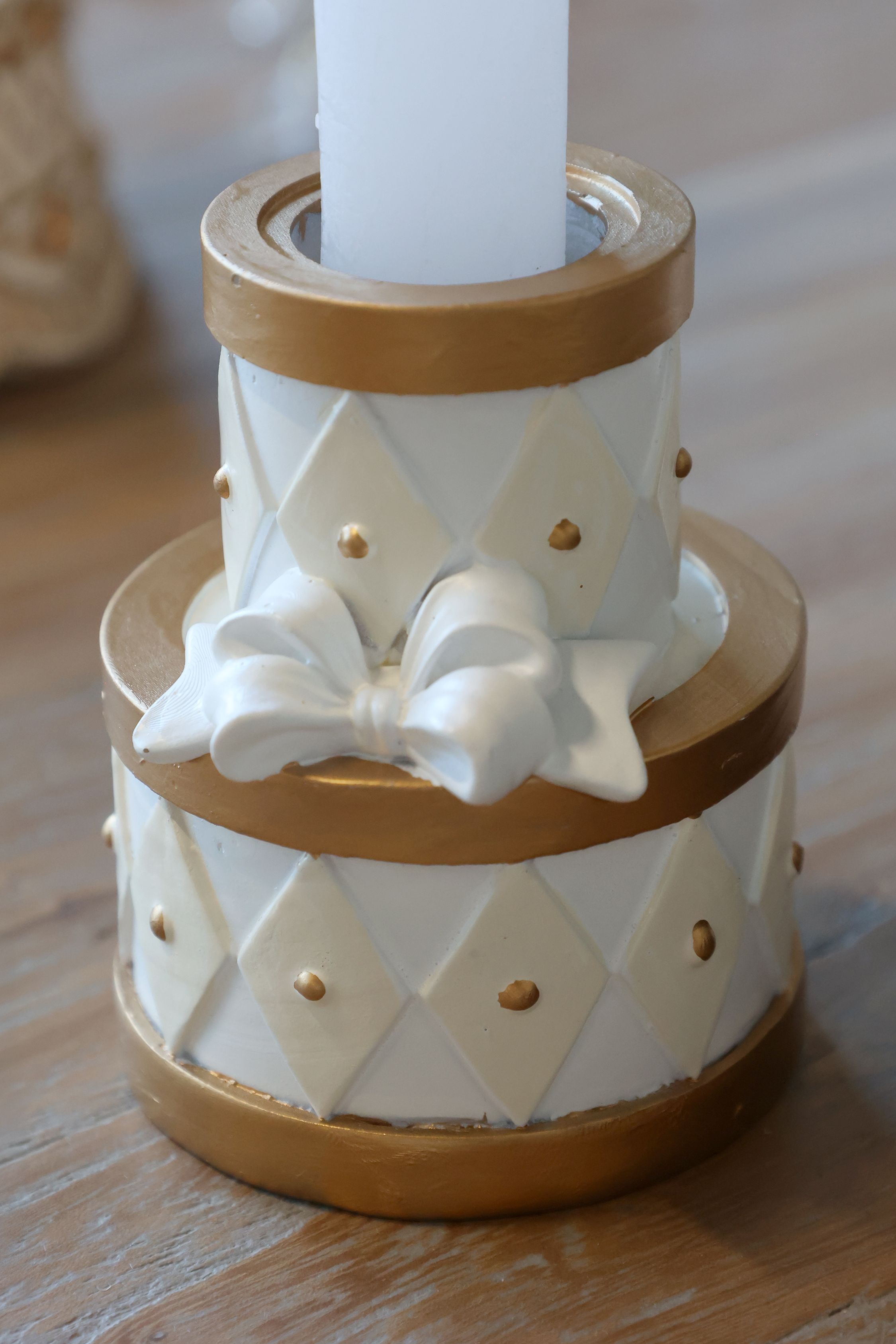 Noël Kerzenständer mit Schleife, antique creme, 7,5 cm hoch