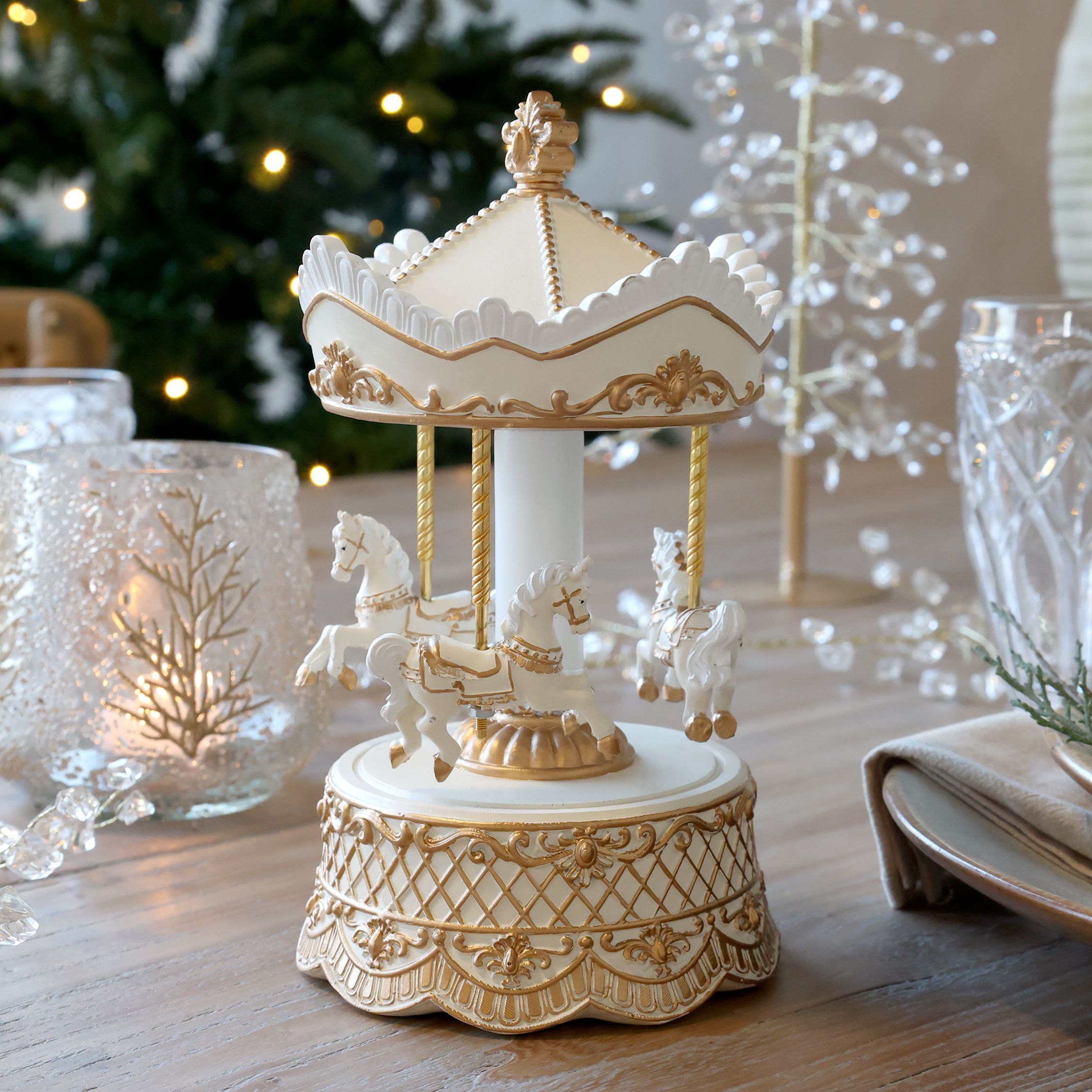 Spieluhr mit Karussell, 23 cm, antique creme
