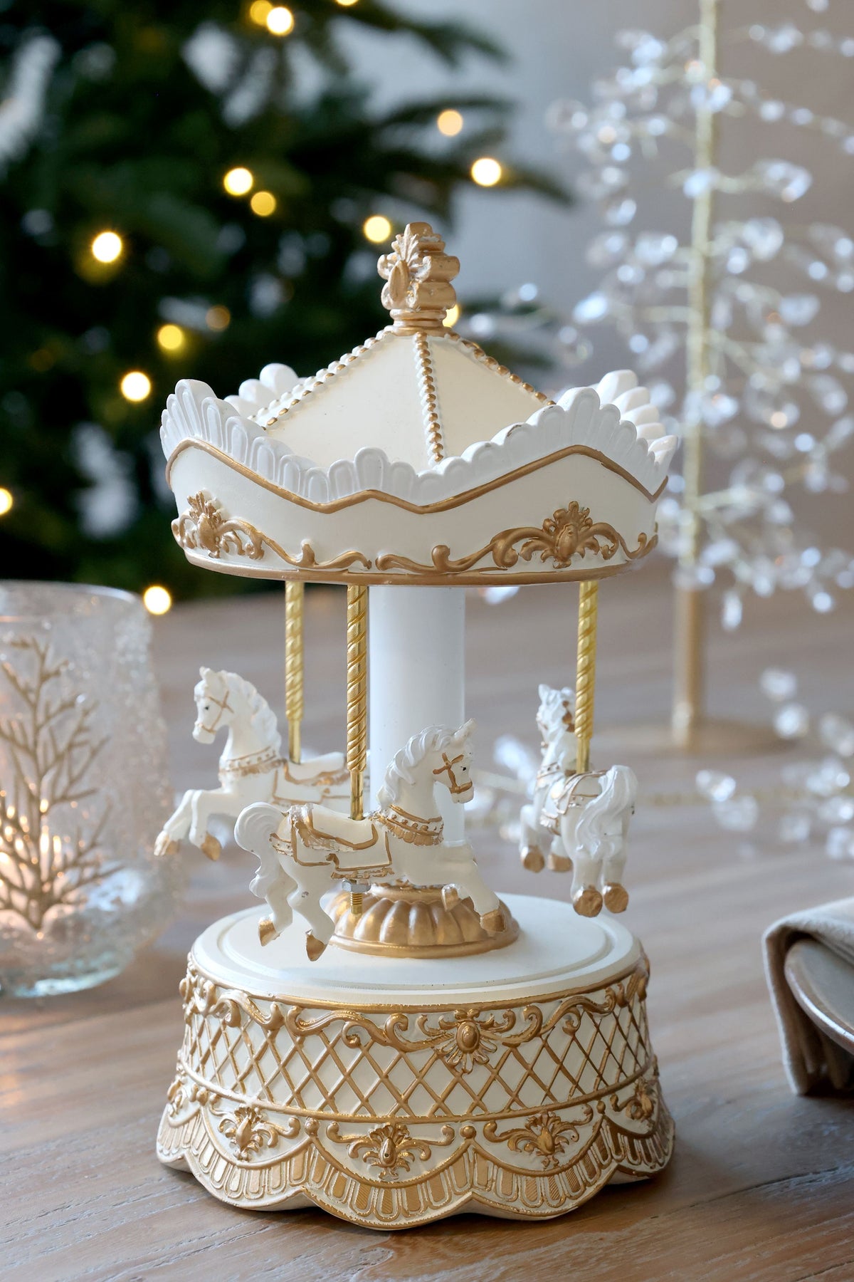 Spieluhr mit Karussell, 23 cm, antique creme