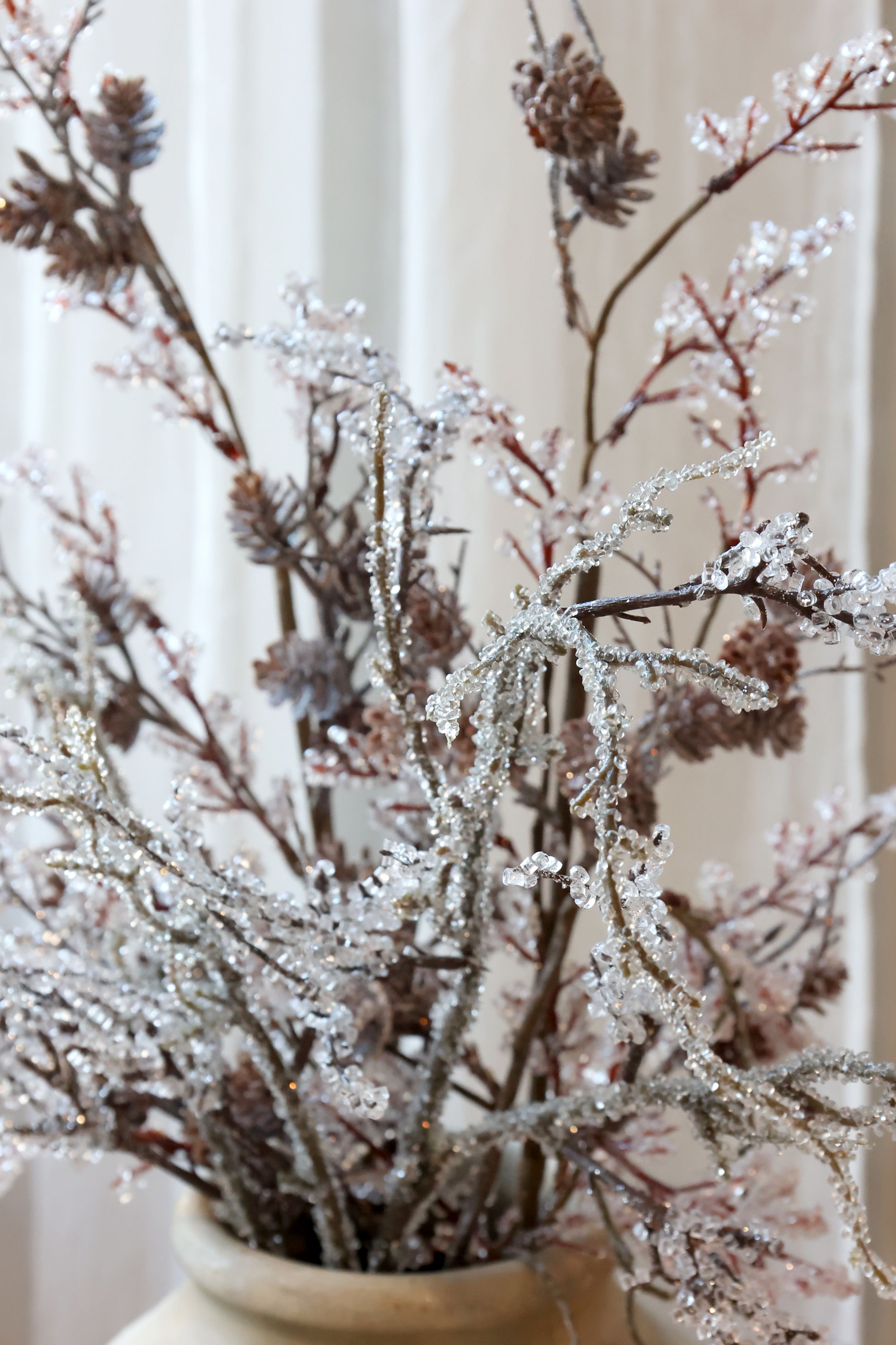 Zweig mit Frosting und Zapfen, 72 cm hoch, natur