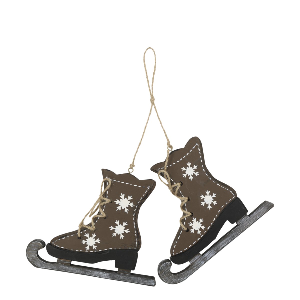 Vintage Schlittschuhe mit Schneeflocke aus Kiefernholz