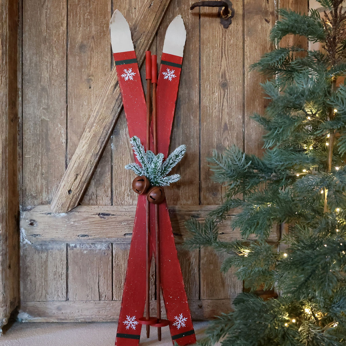 Deko Ski aus Holz mit Stöcken, 90 cm hoch, antique cherry