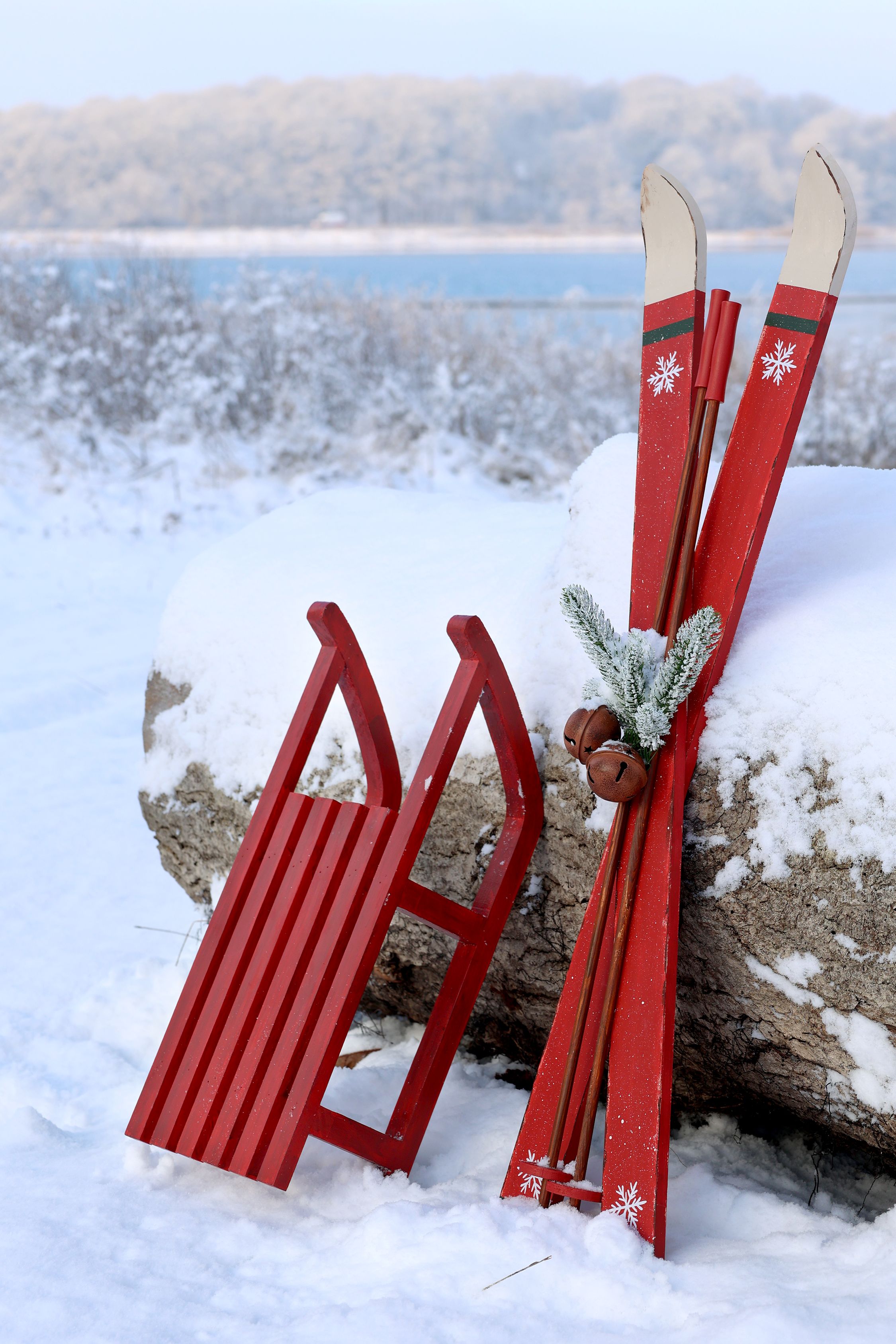 Deko Ski aus Holz mit Stöcken, 90 cm hoch, antique cherry