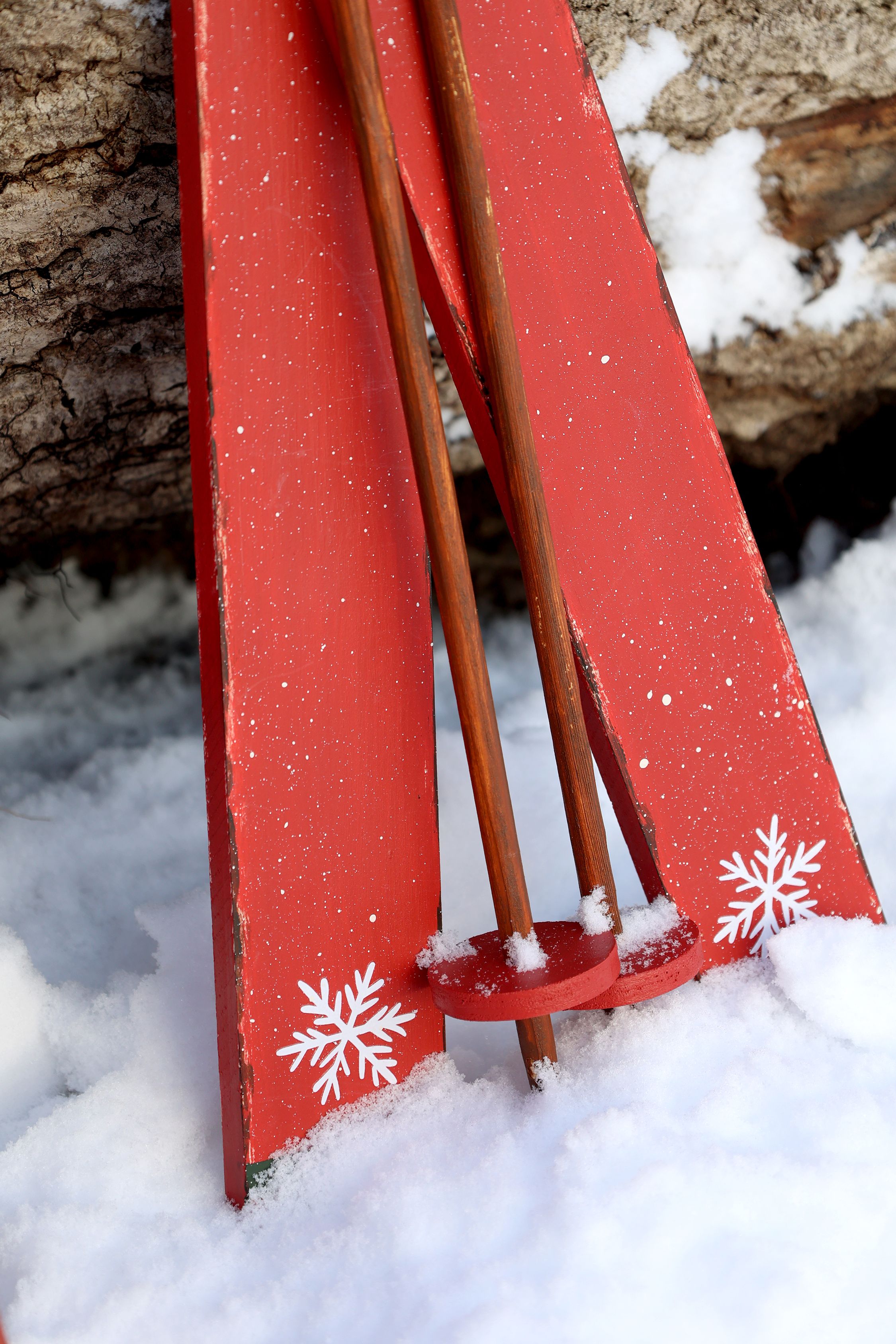 Deko Ski aus Holz mit Stöcken, 90 cm hoch, antique cherry