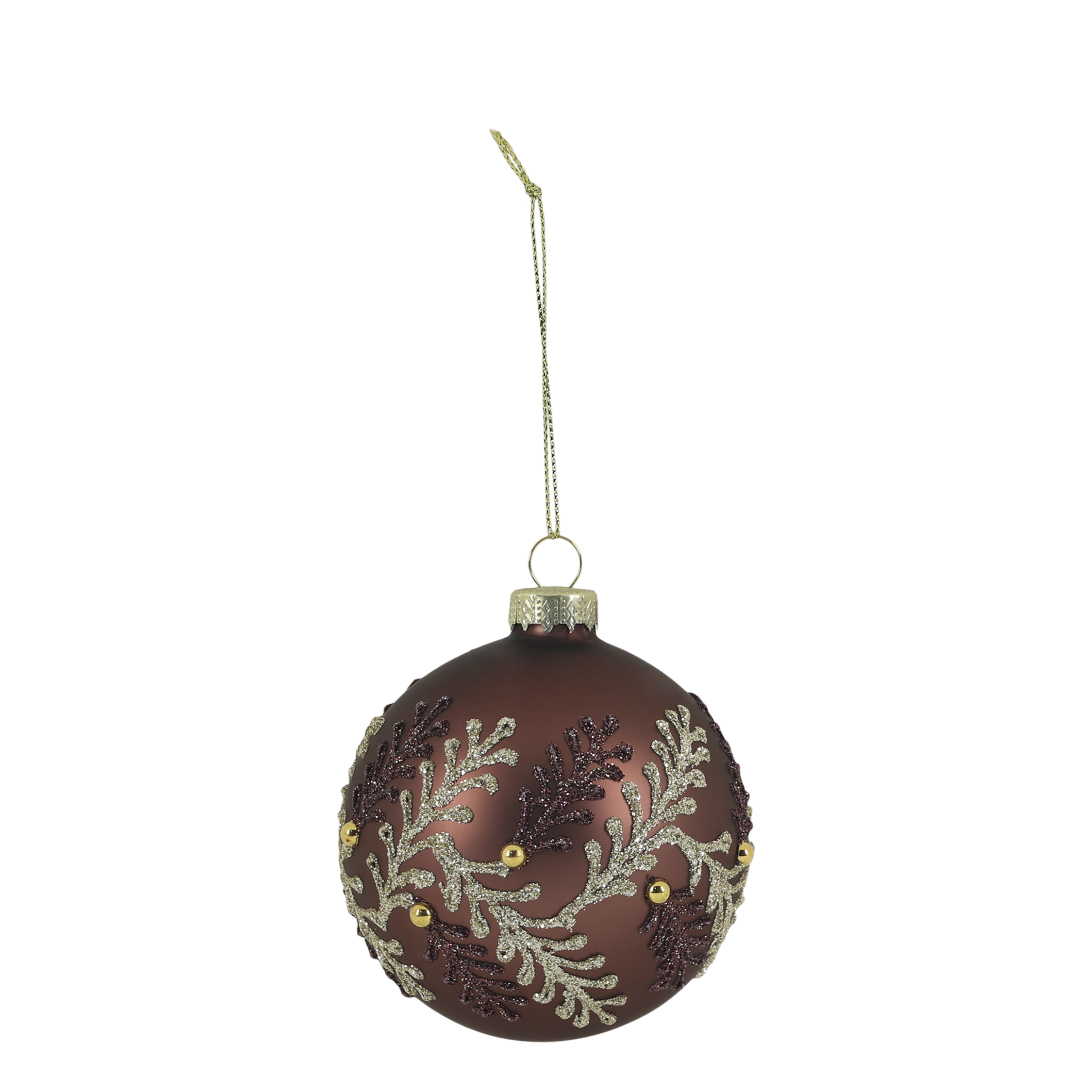 Weihnachtskugel aus Glas mit Zweigen, 8 cm, Mokka