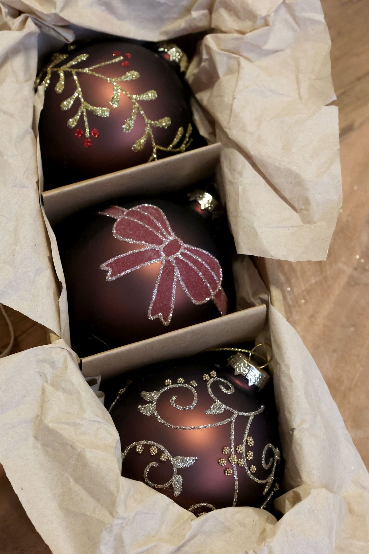 Weihnachtskugeln Set aus Glas, 3er, Mokka