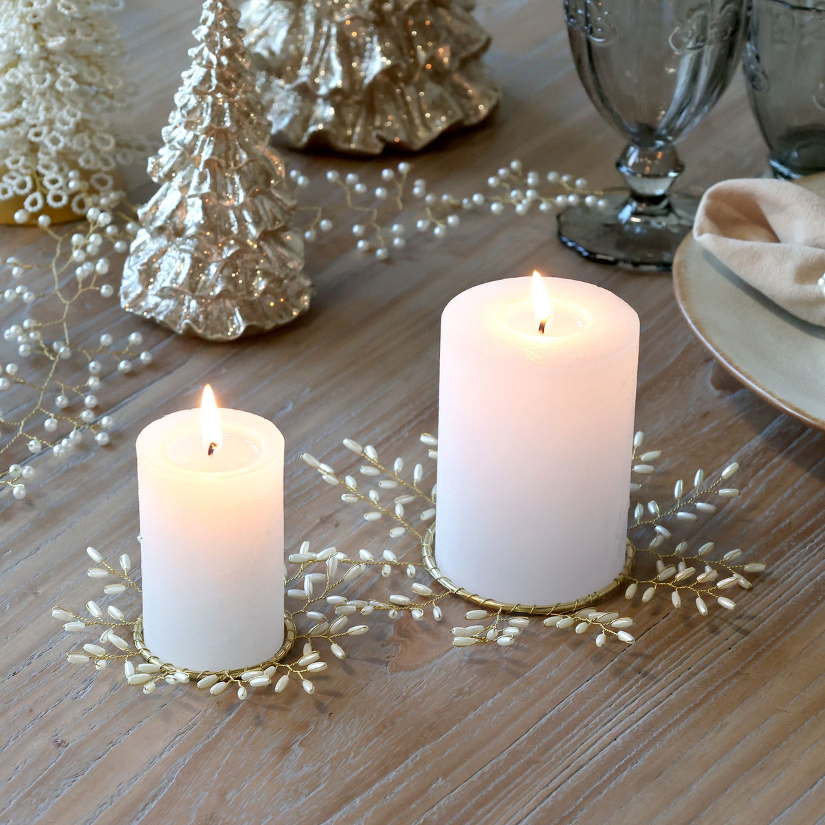 Kränze mit Perlen für Kerzen, 2er-Set, creme