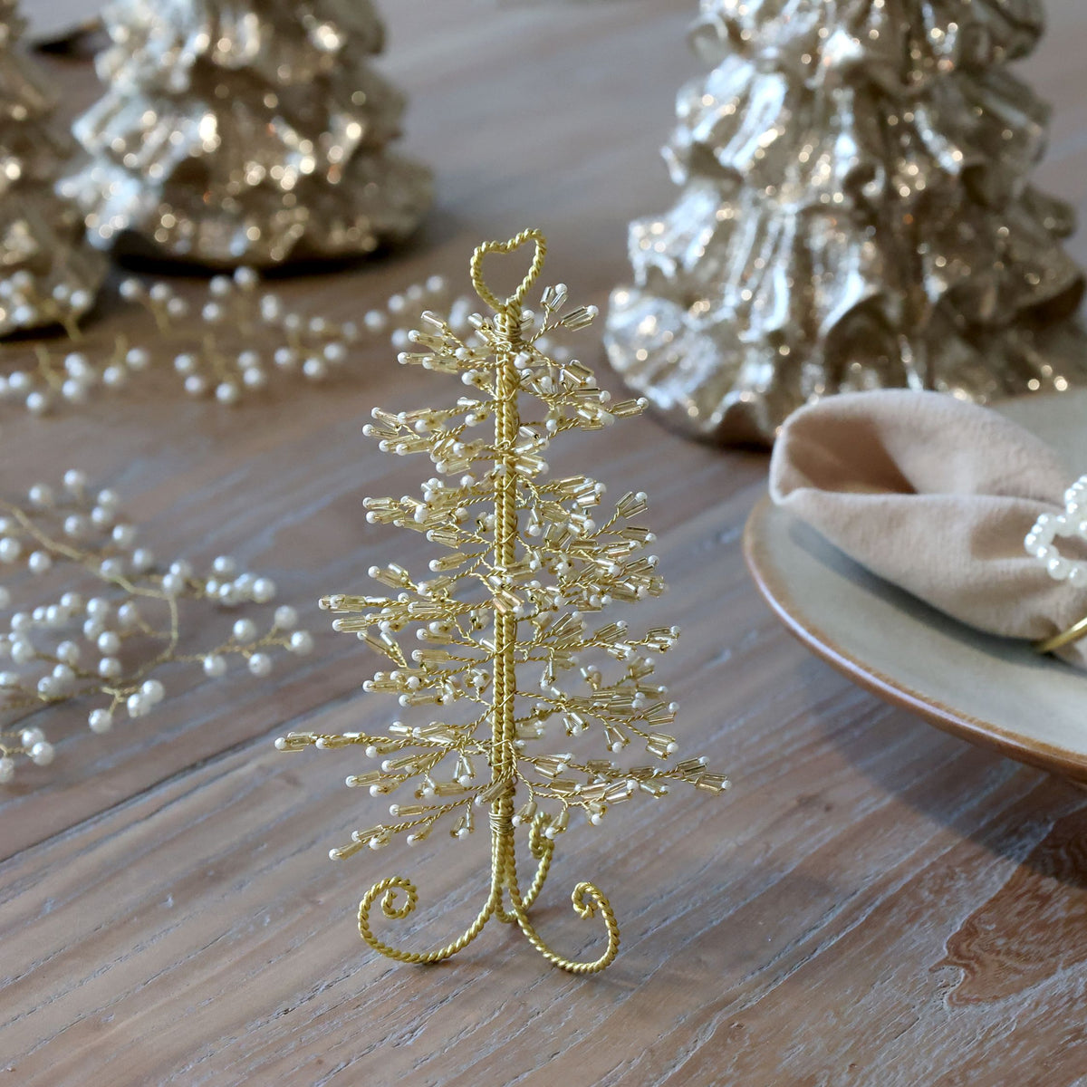 Weihnachtsbaum mit Perlen, champagner, 16 cm