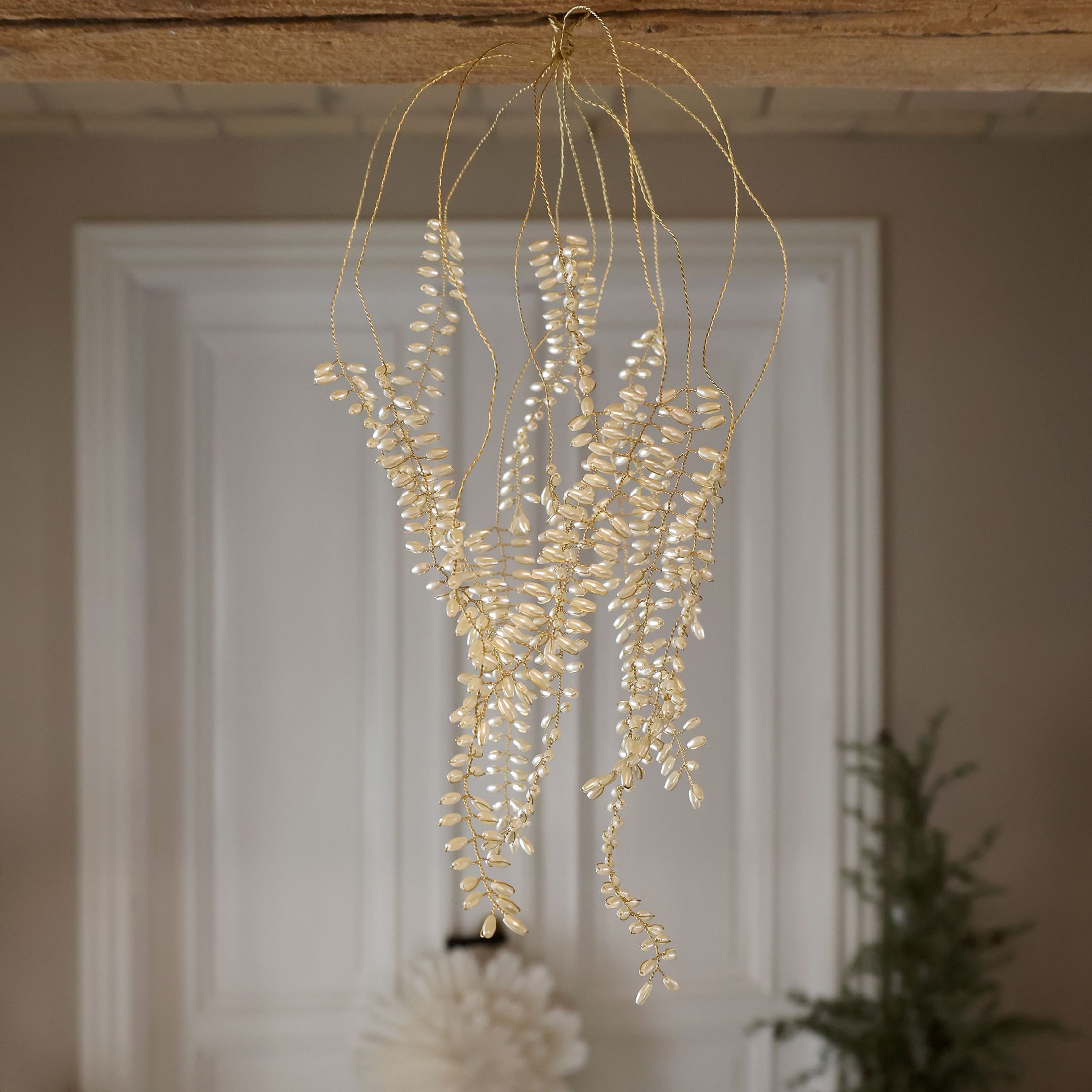 Mistelzweig mit Perlen, 14 Zweige, Höhe 38 cm, creme