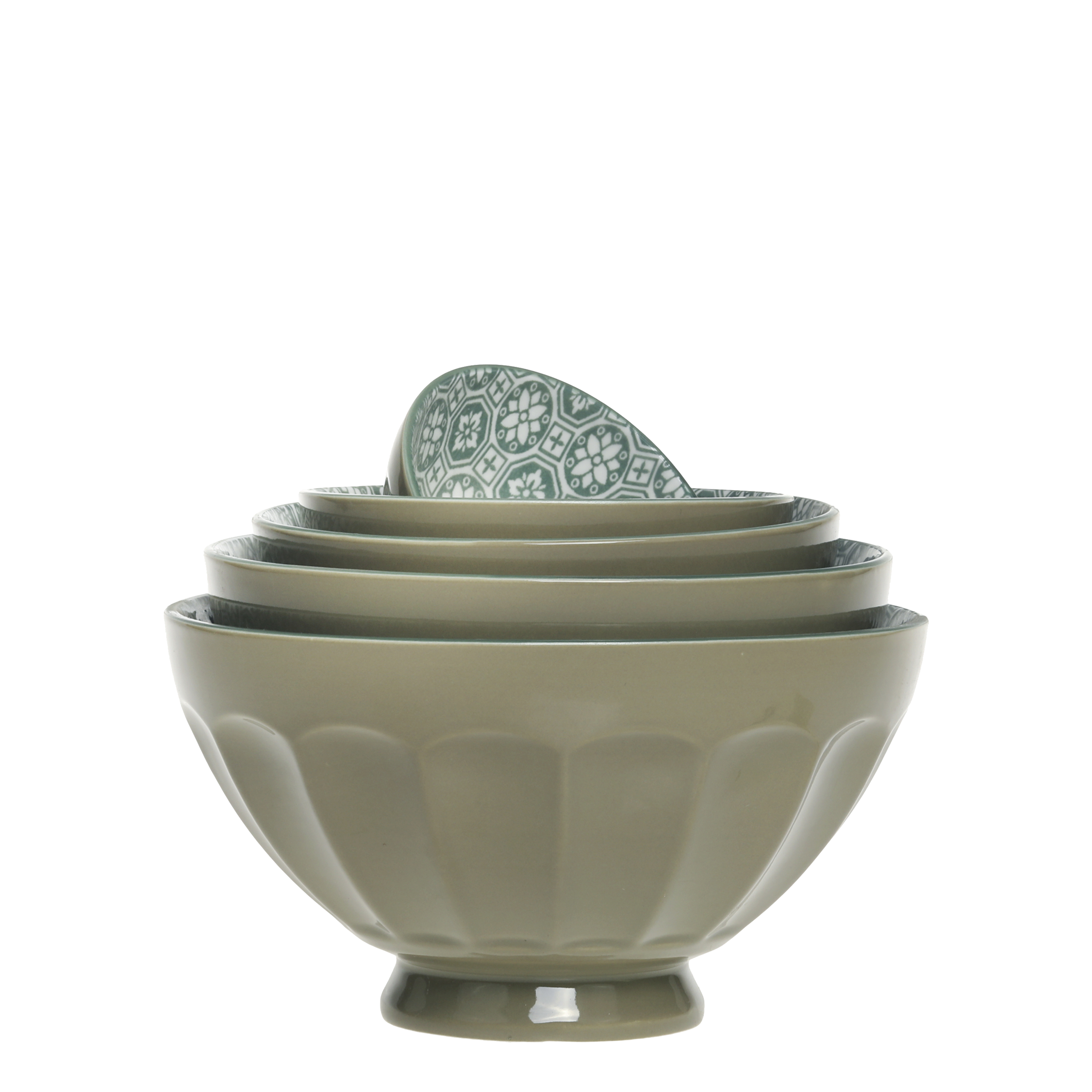 Arés Latte Bowl w. pattern set of 5 H9/D15.5 cm olive