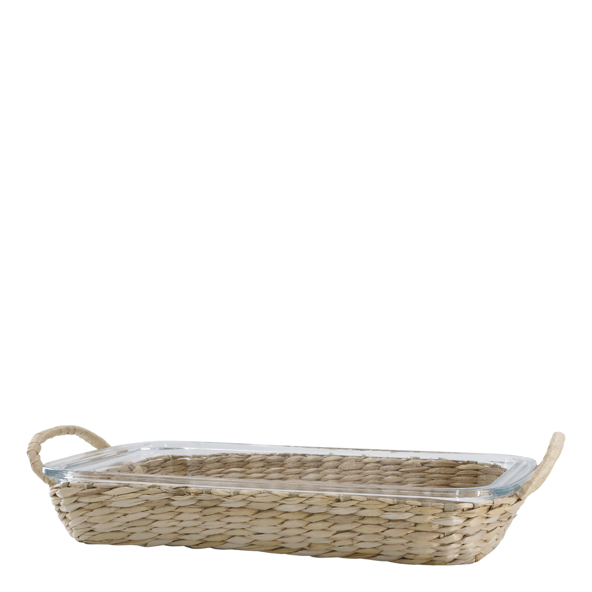 Tablett mit Flechtkorb aus Glas und Rohrkolben, 39,5 cm lang