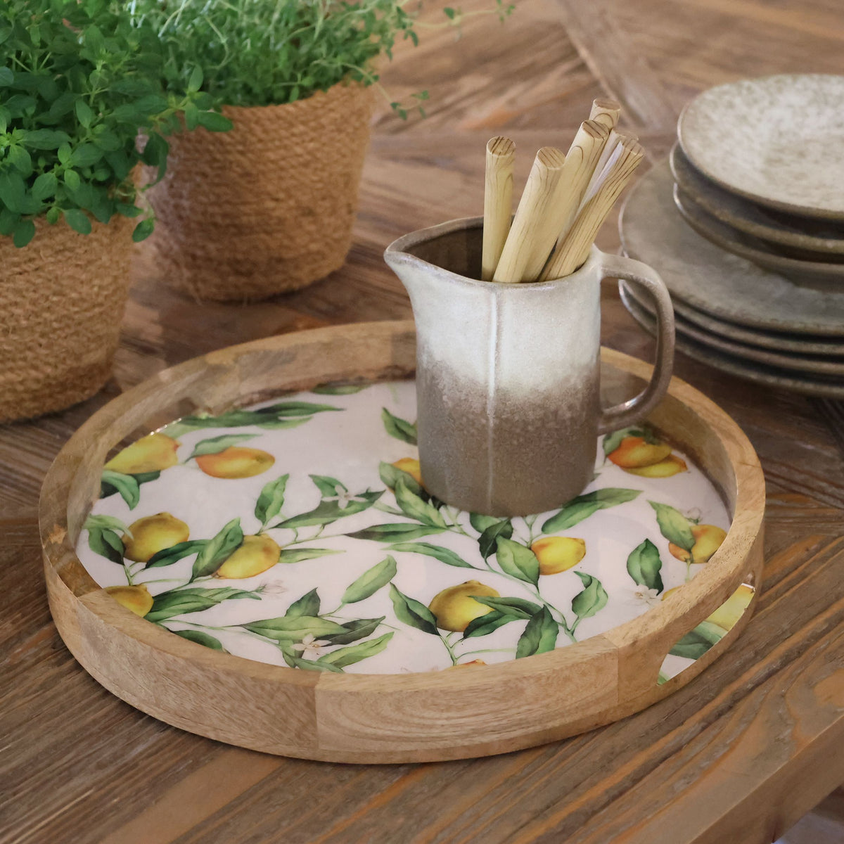 Deko Tablett aus Mangoholz mit Zitronenmotiv, 35 cm