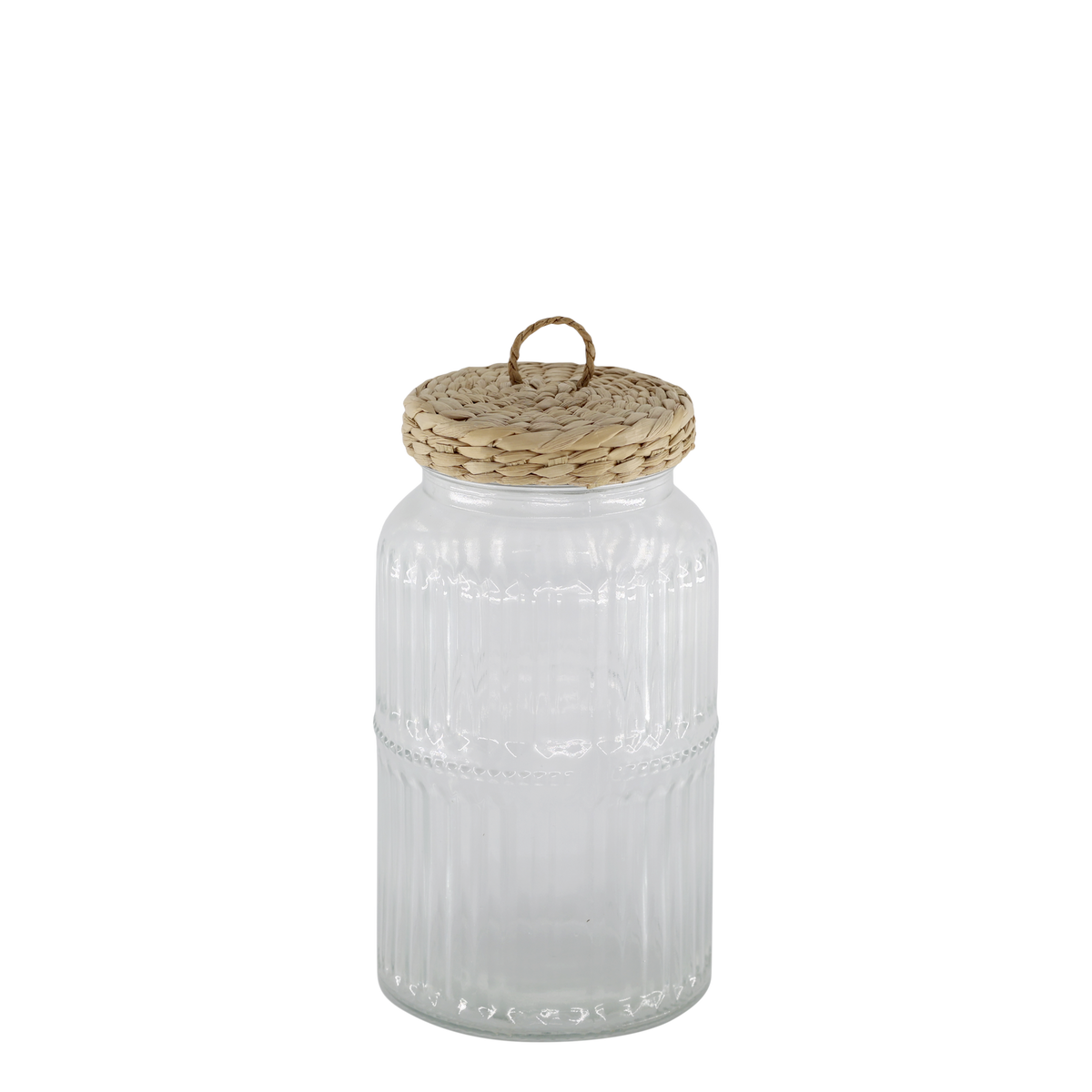 Aufbewahrungsglas mit Deckel aus Glas und Rohrkolben