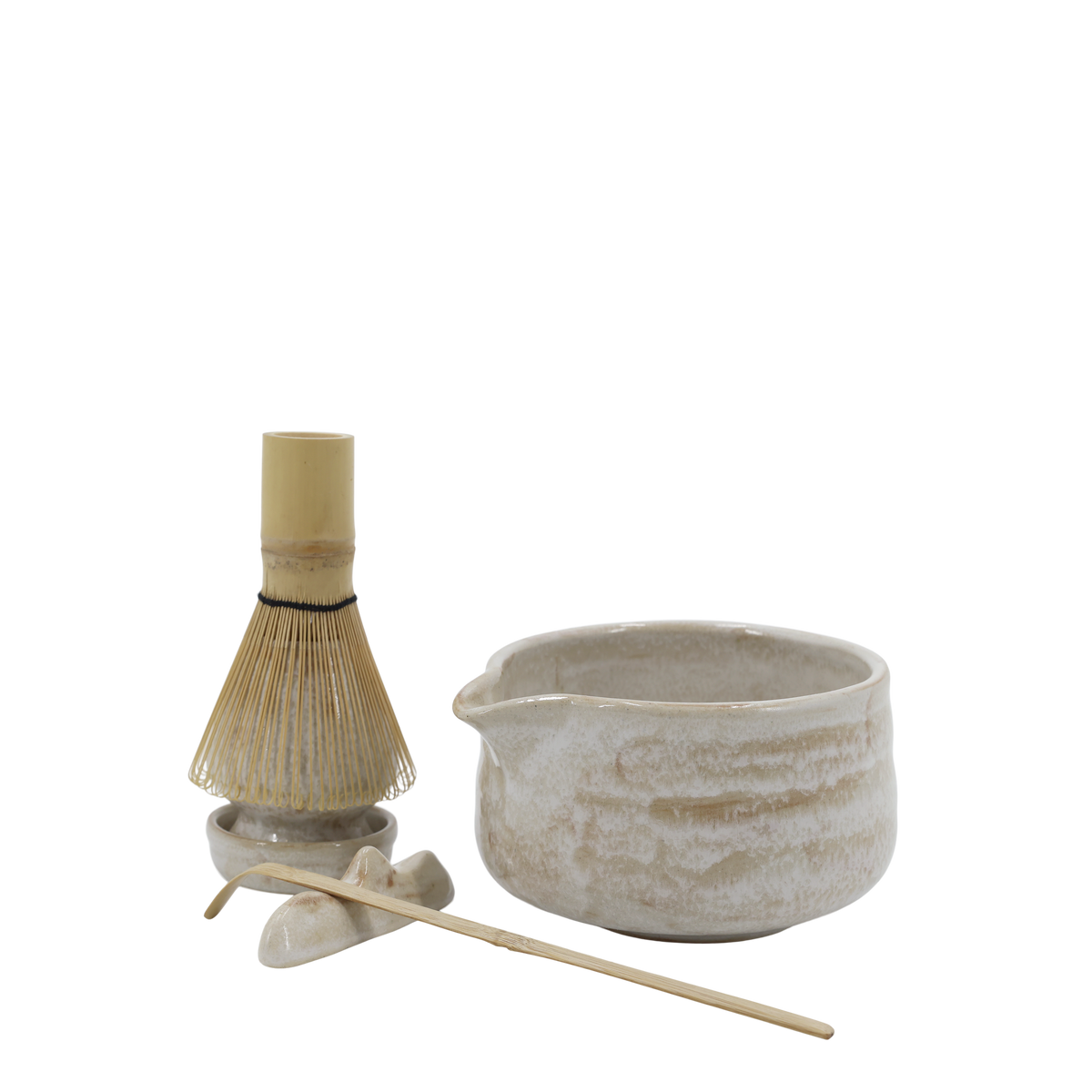 Matcha-Becher-Set mit 6 Teilen, Steingut und Bambus, creme