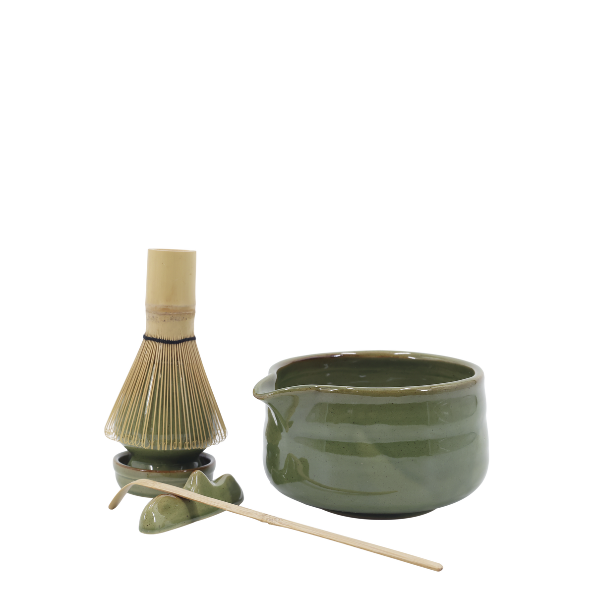 Matcha-Becher-Set mit 6 Teilen aus Steingut und Bambus, oliv