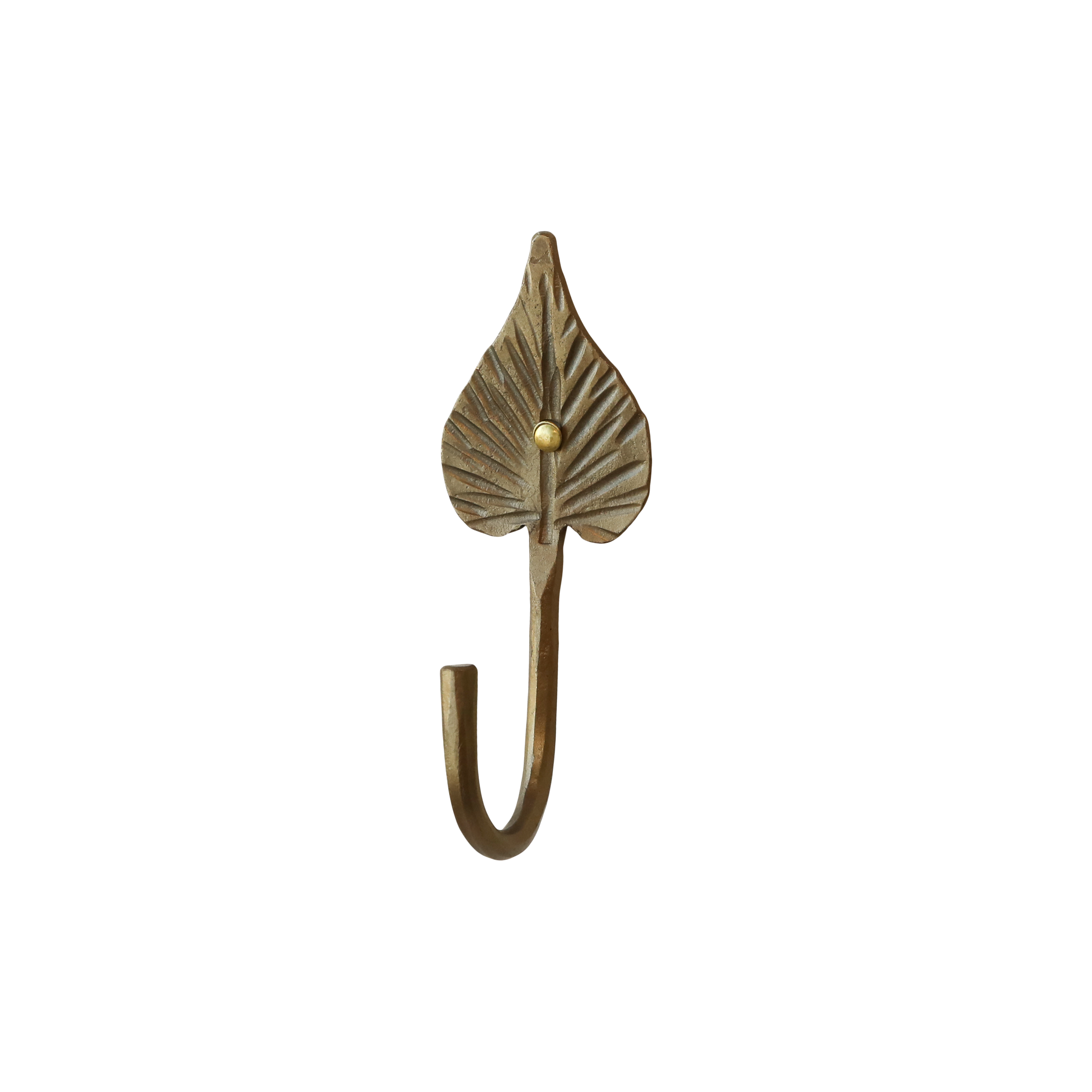 Haken mit Blatt aus Eisen in Antik-Messing, 11 cm hoch