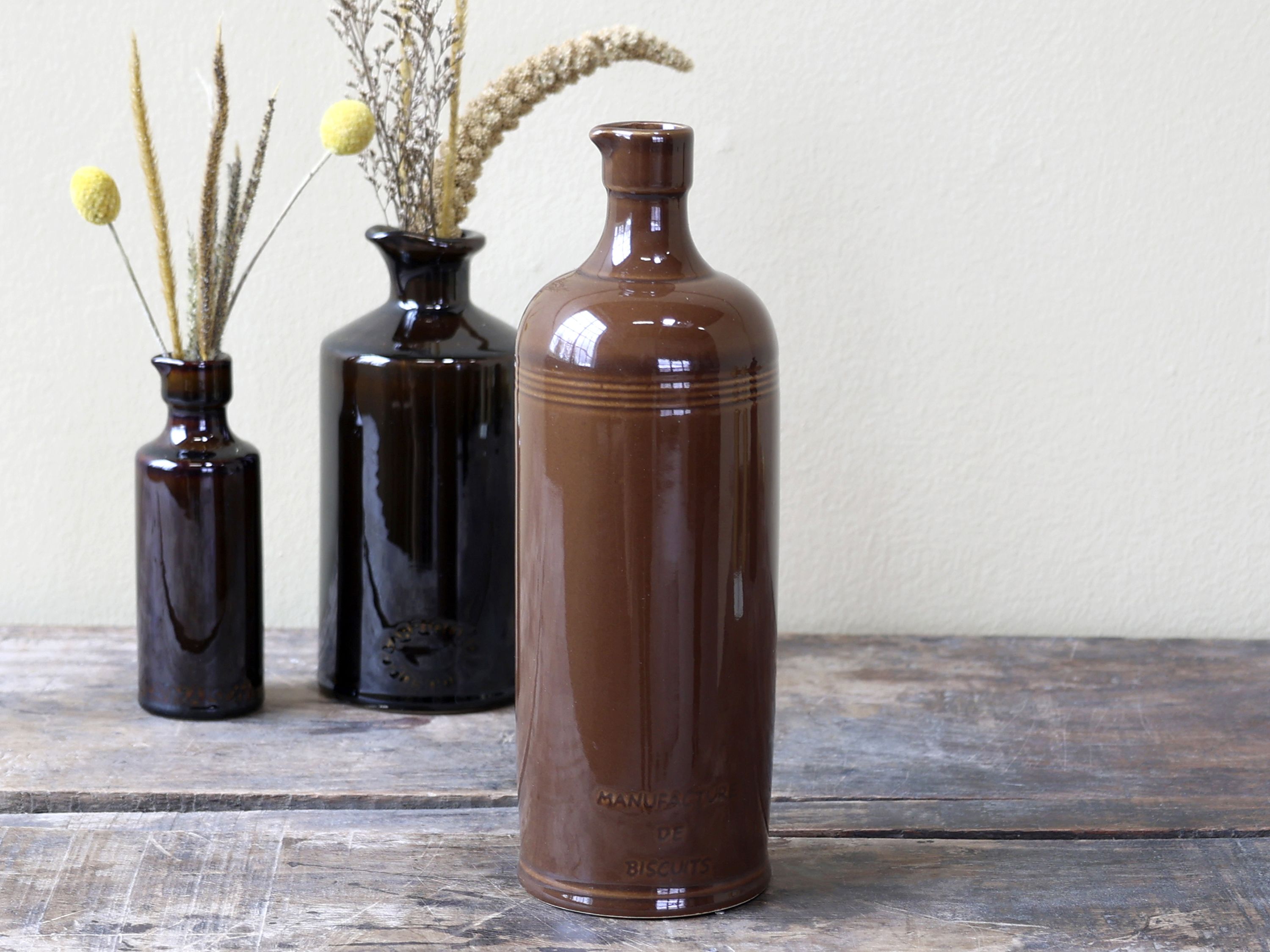 Altfranzösische Flasche aus Keramik, 26,5 cm hoch, Mokka