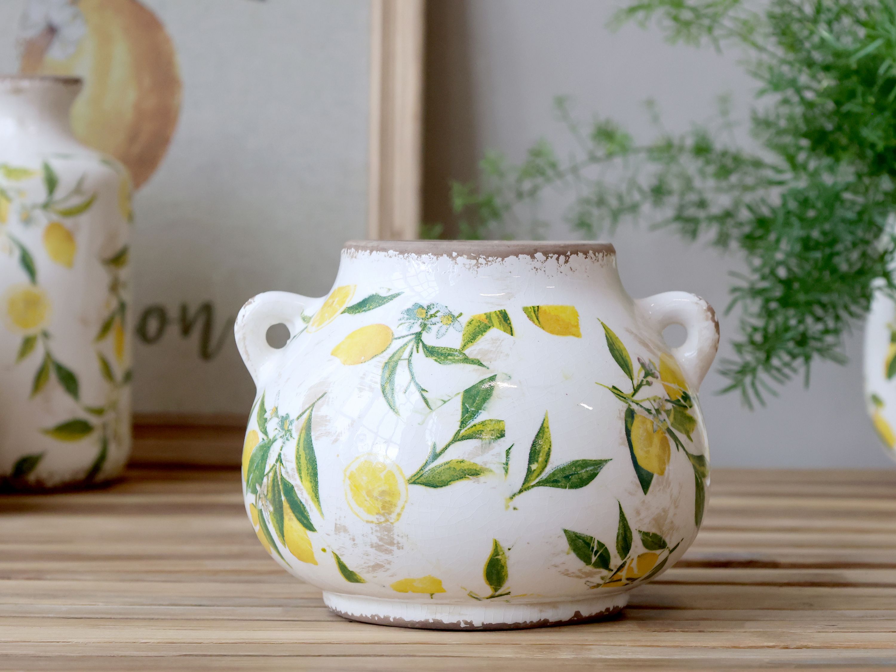 Limone Blumentopf mit Zitronenmotiv, 13,5 cm hoch, creme