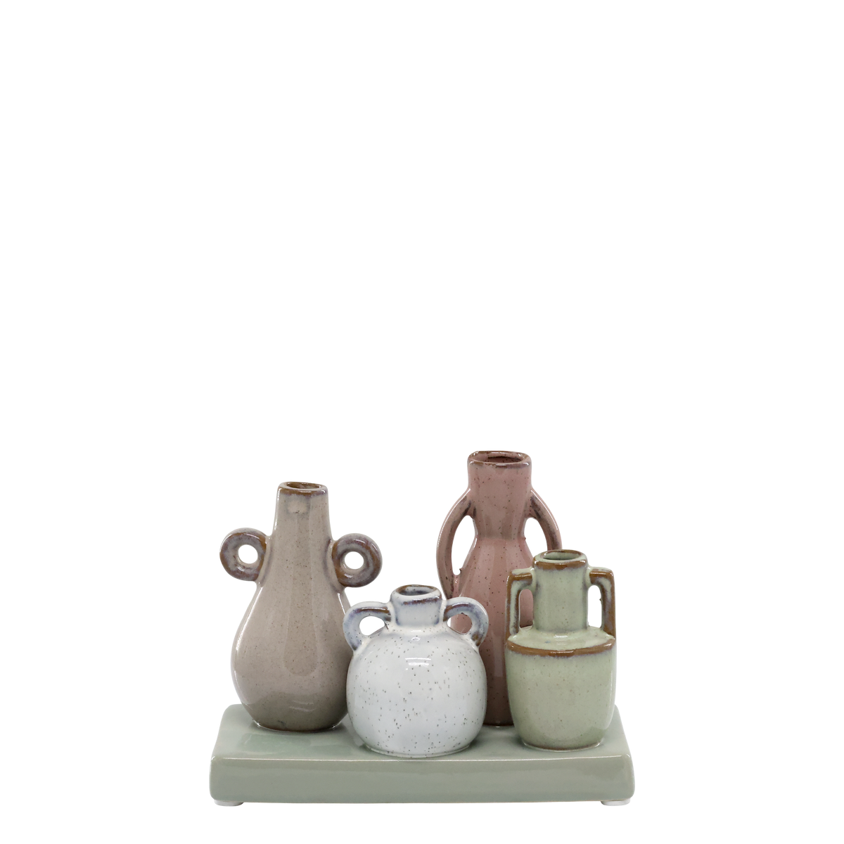 Mehrfarbige Vase auf Tablett, Steingut, 11 cm hoch