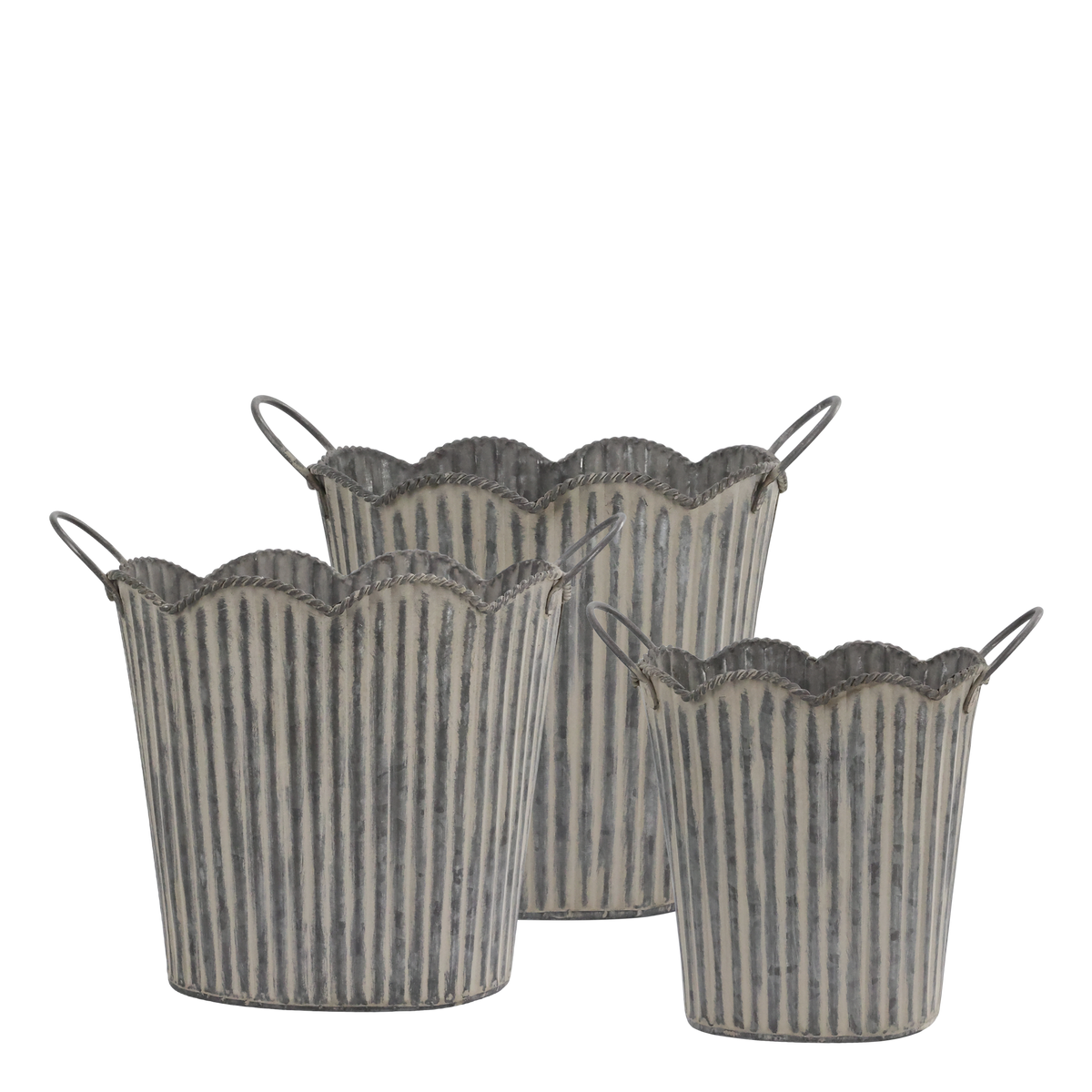 Übertopf-Set mit Rillen und Griffen, antique zink, 3 Größen