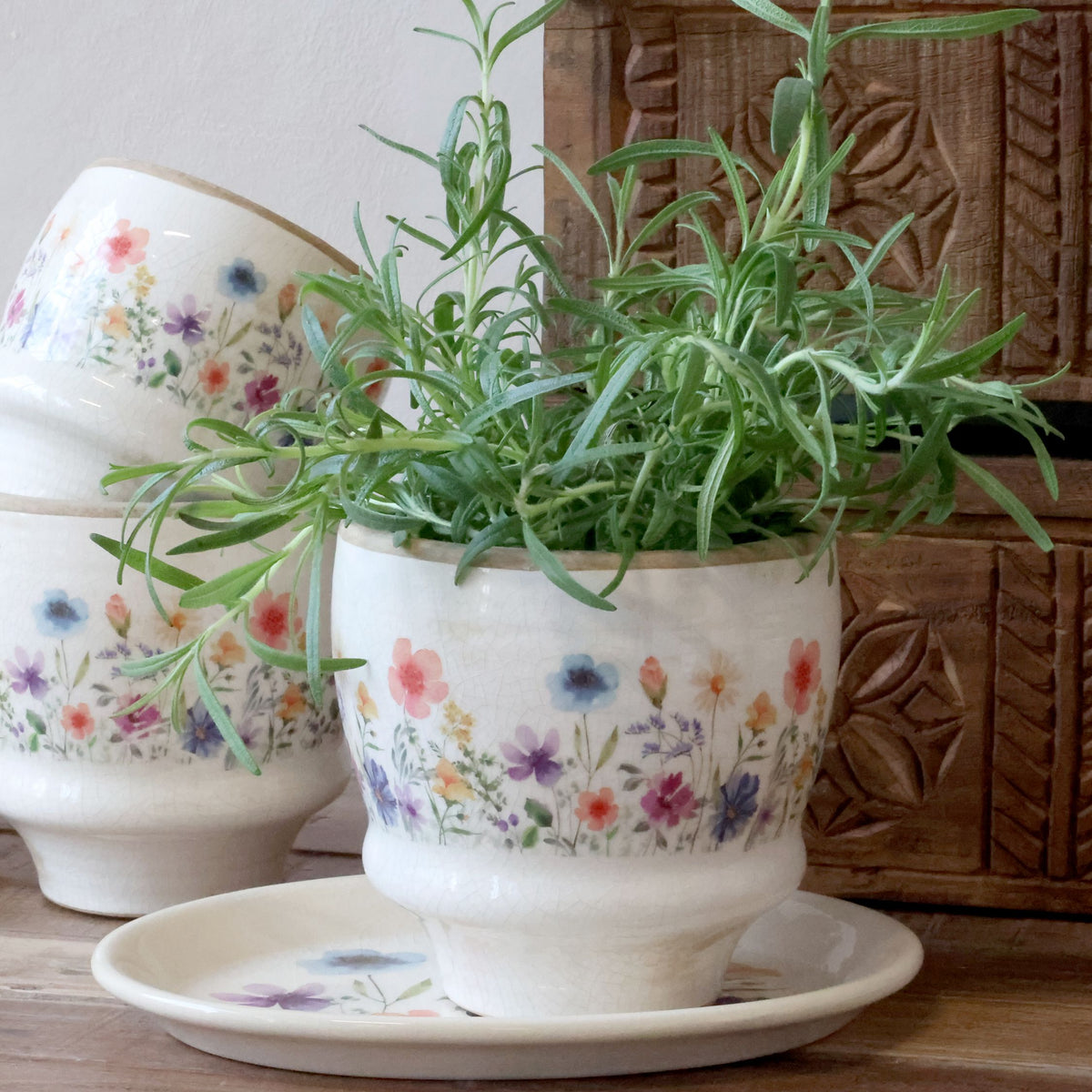Fleurville Übertopf mit Blumenmotiv, 12,5 cm hoch, creme
