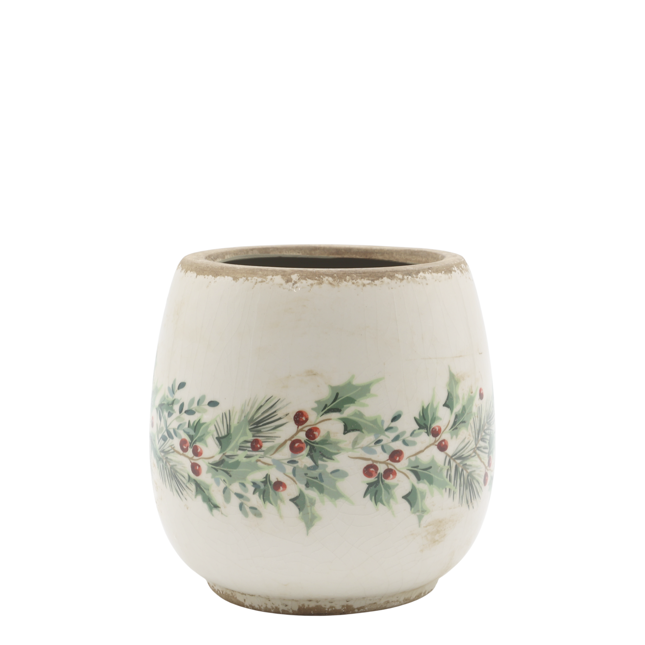 Übertopf mit Stechpalme, Steingut, creme, 14,5 cm hoch