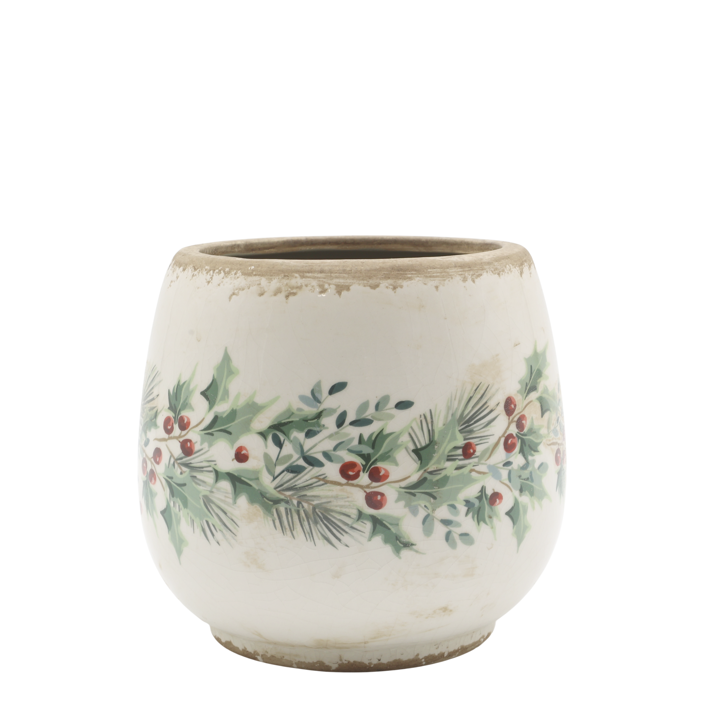 Übertopf mit Stechpalme, Steingut, creme, 16,5 cm hoch