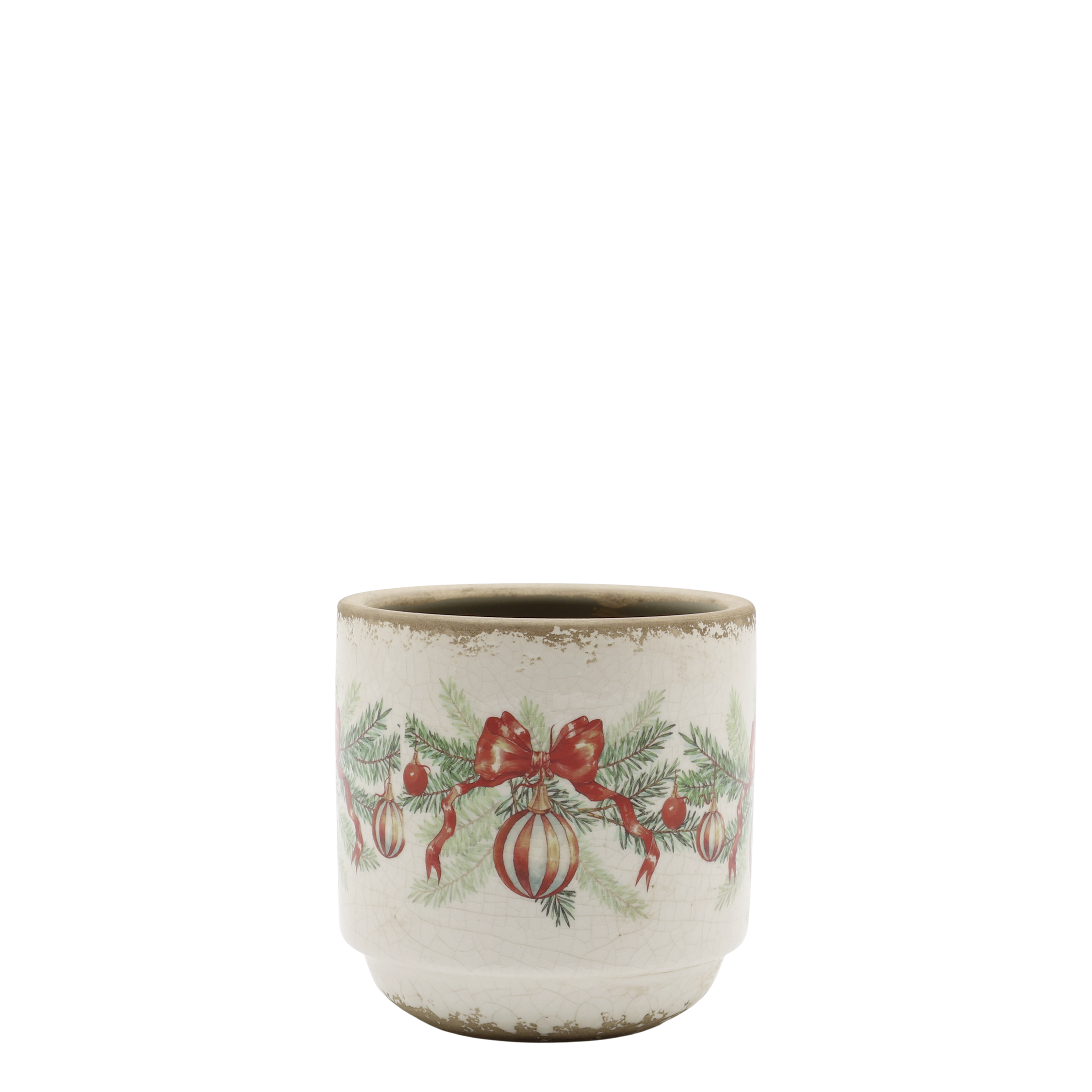 Übertopf mit Weihnachtskugel und Schleife, 10 cm, creme