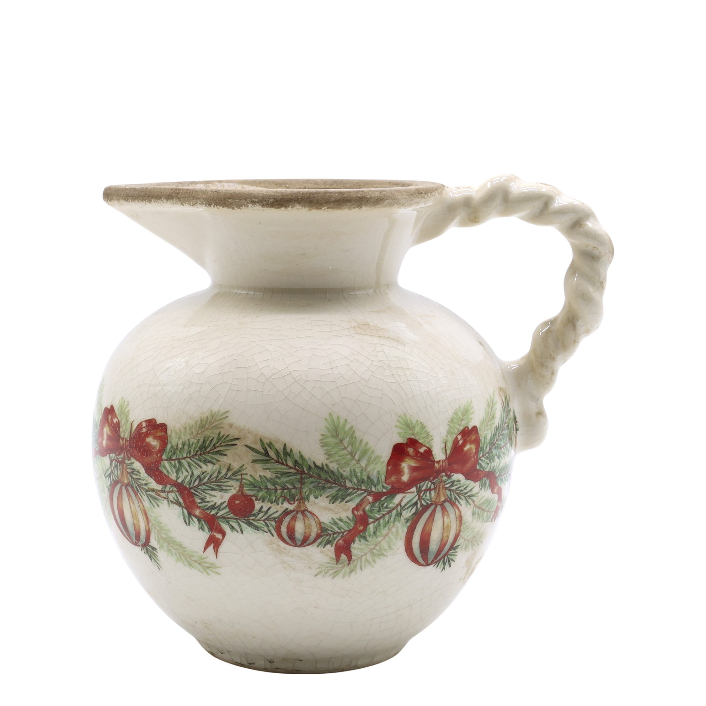 Kanne mit Weihnachtskugel und Schleife, Steingut, creme