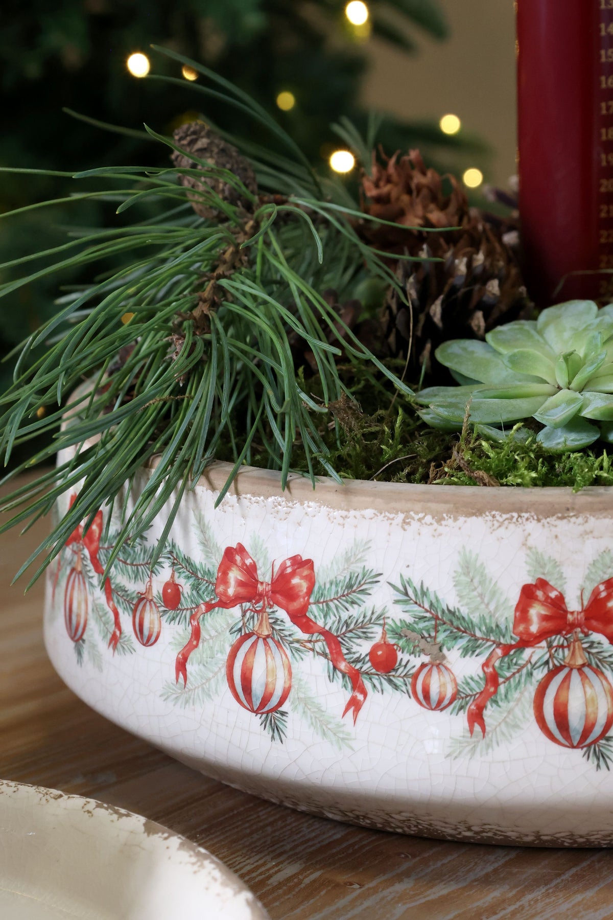 Tablett mit Weihnachtskugel und Schleife, 30 cm, creme