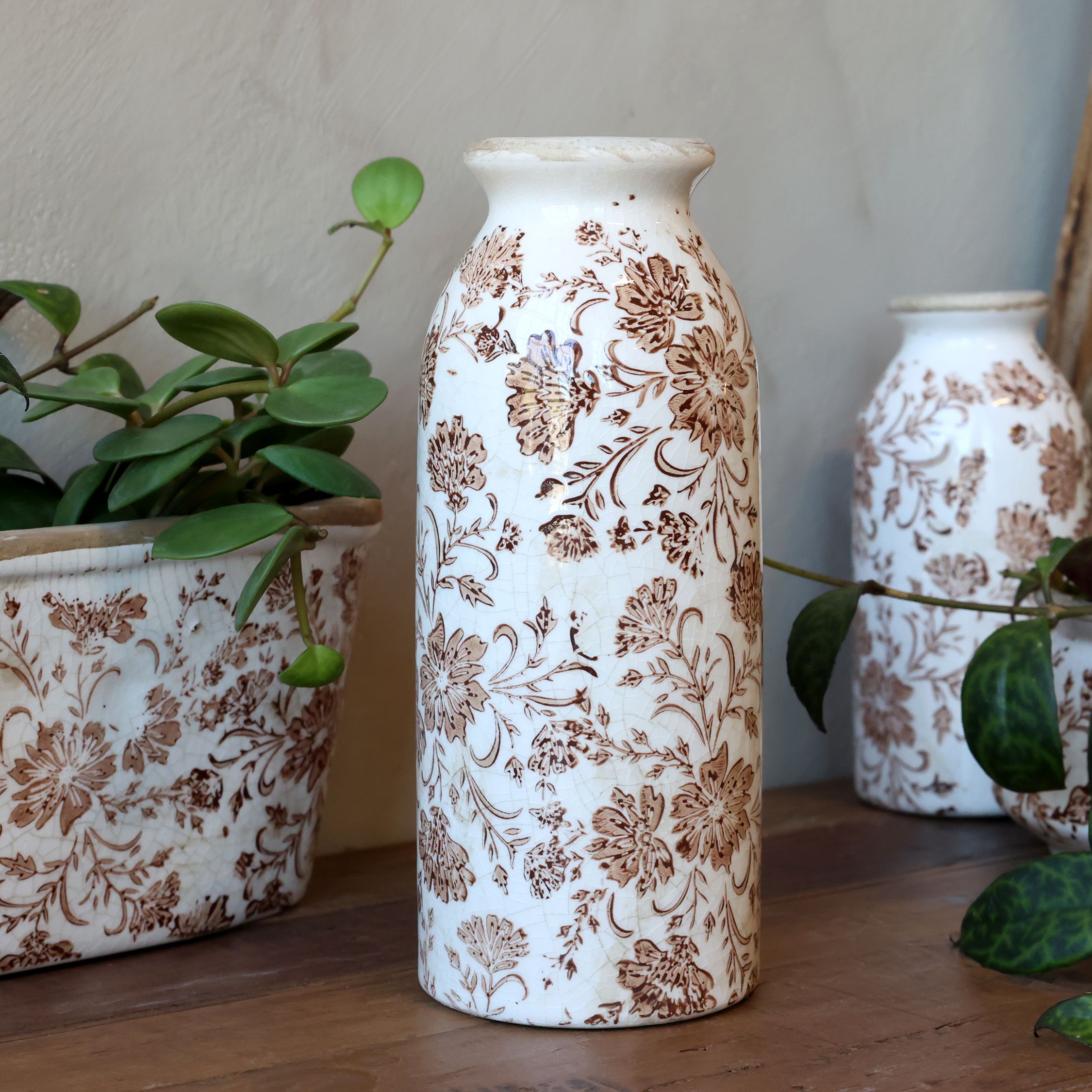 Grenoble Flasche mit Blumenmotiv, Keramik, Mokka, 20 cm hoch