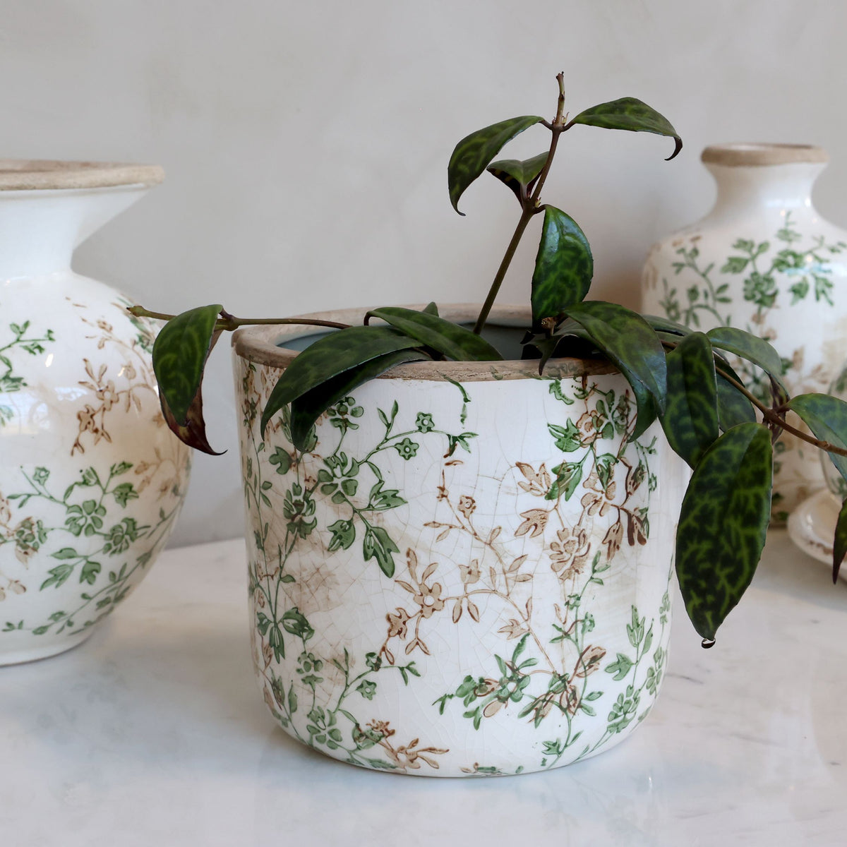 Übertopf Grasse mit Zweigmotiv, Keramik, creme, 13,5 cm hoch