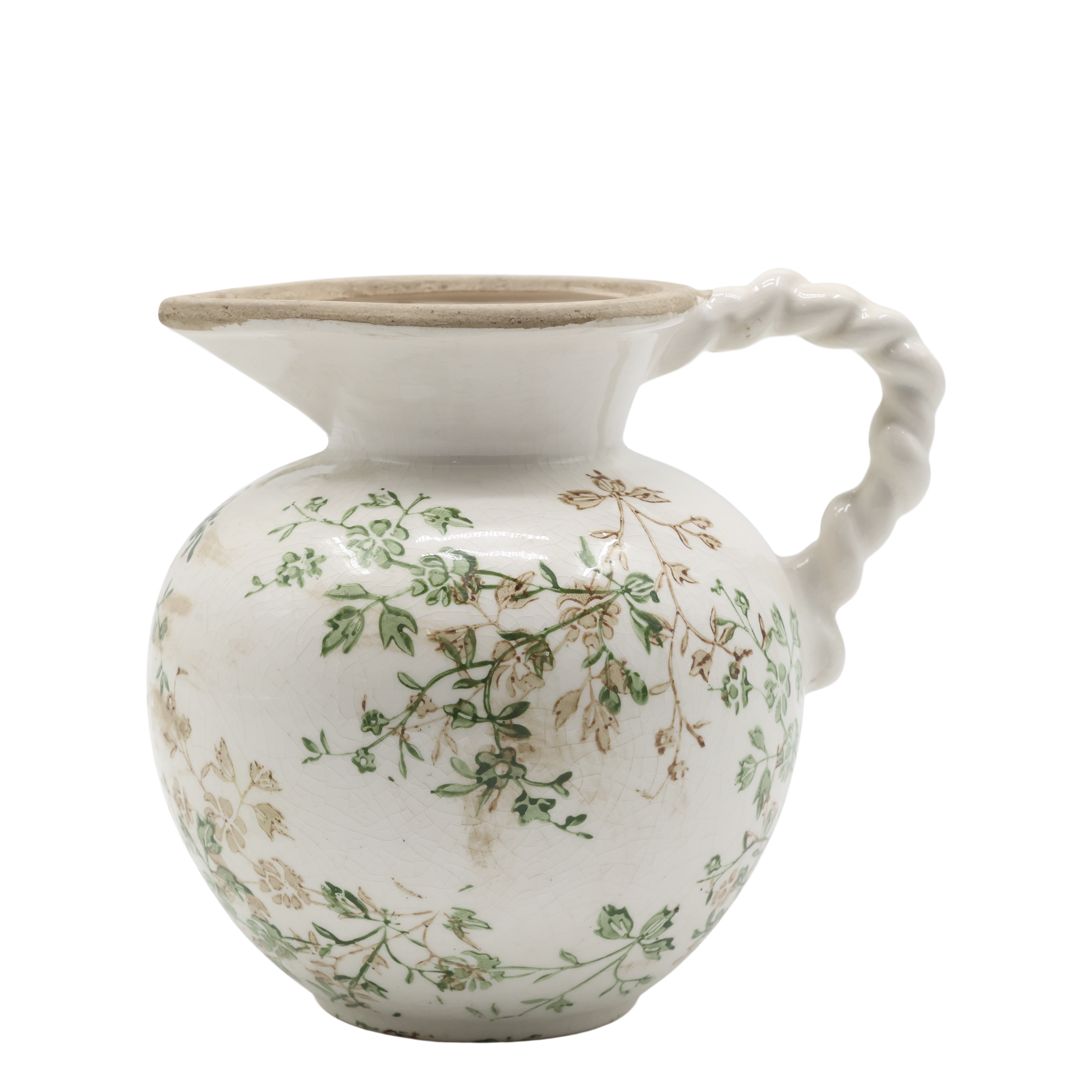 Übertopf Kanne mit Zweigmotiv, 18,5 cm hoch, creme