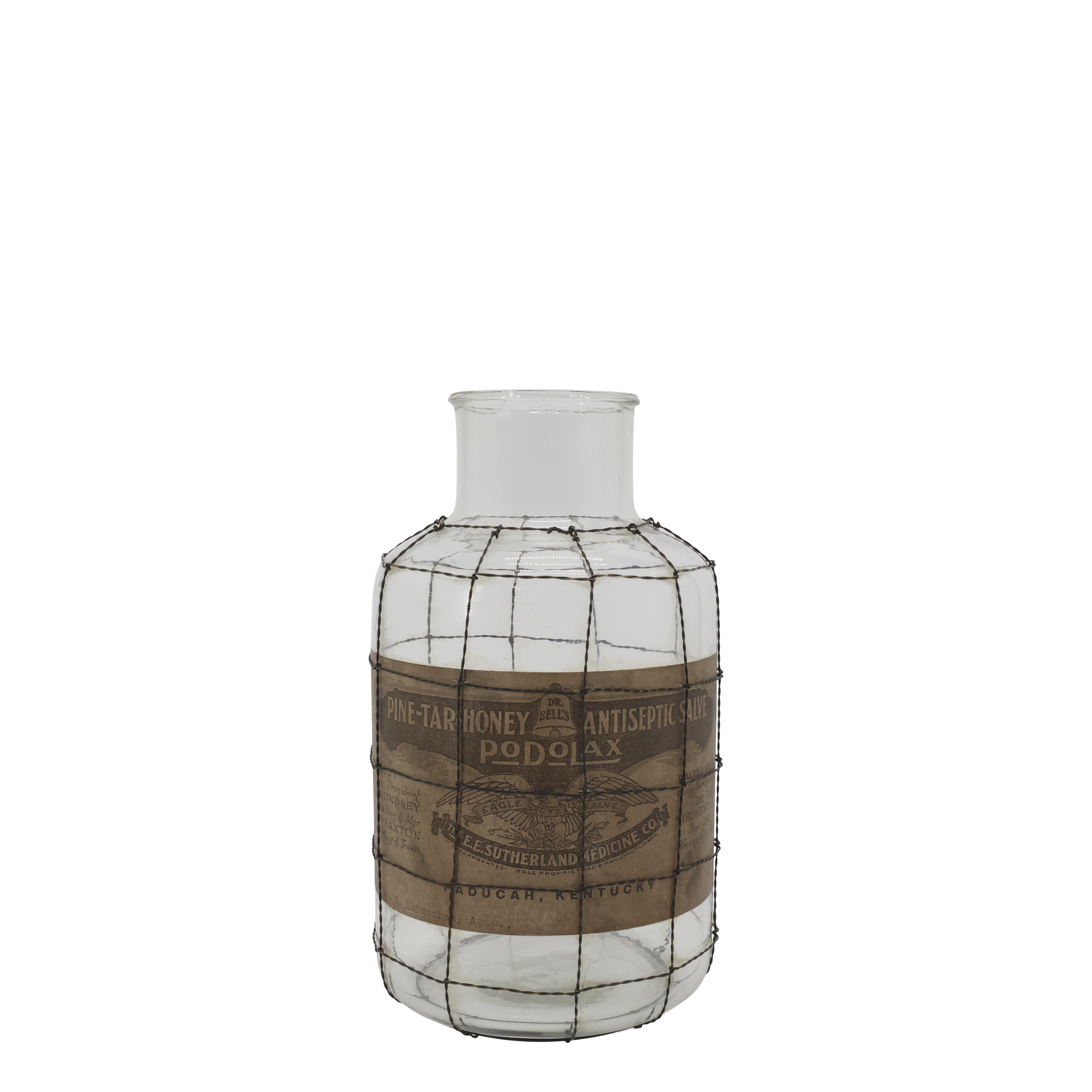Altfranzösische Flasche mit Netz – Glas & Messing, 32 cm