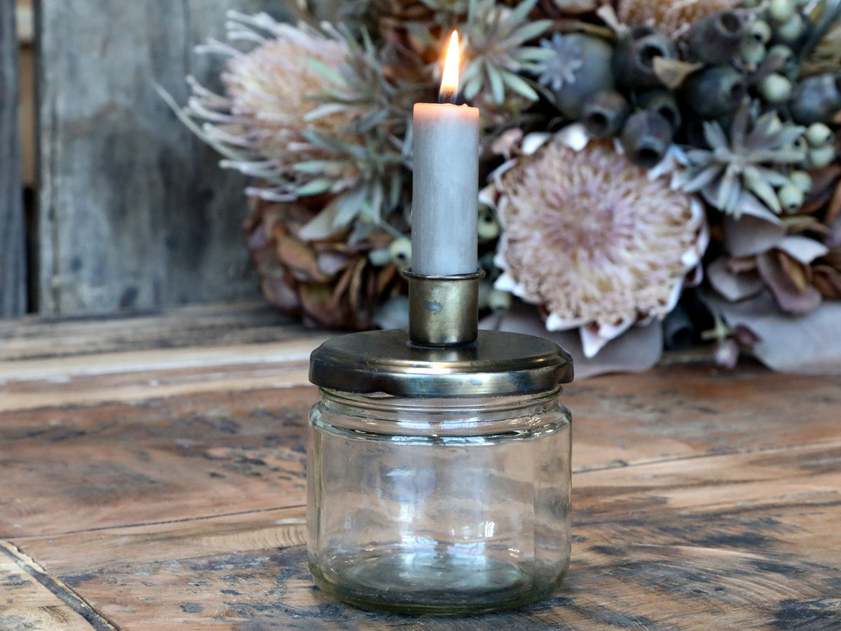 Kerzenhalter für Stabkerzen aus Glas und Eisen, 10 cm hoch
