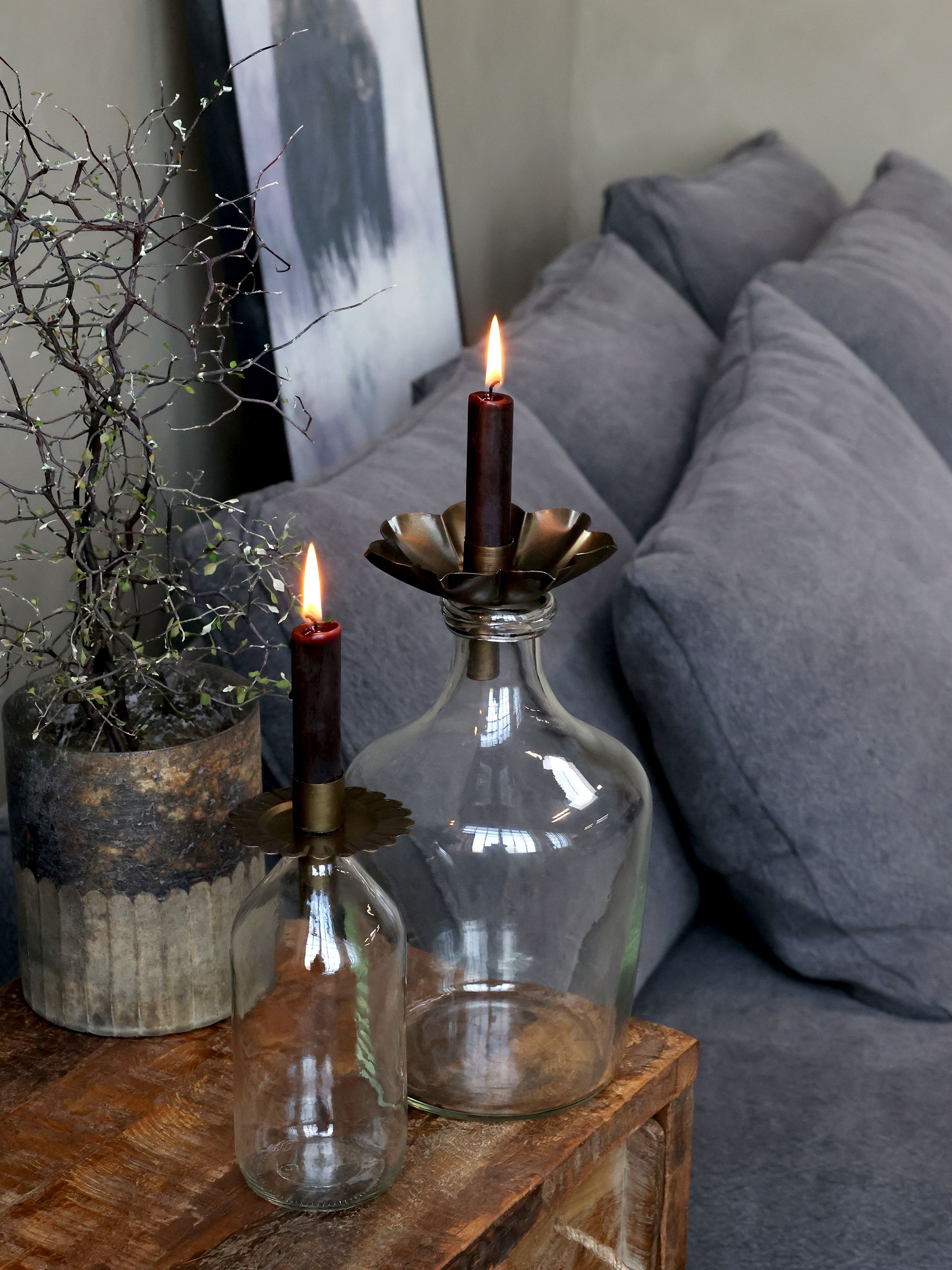 Kerzenhalter mit Blumen aus Eisen, antik messing
