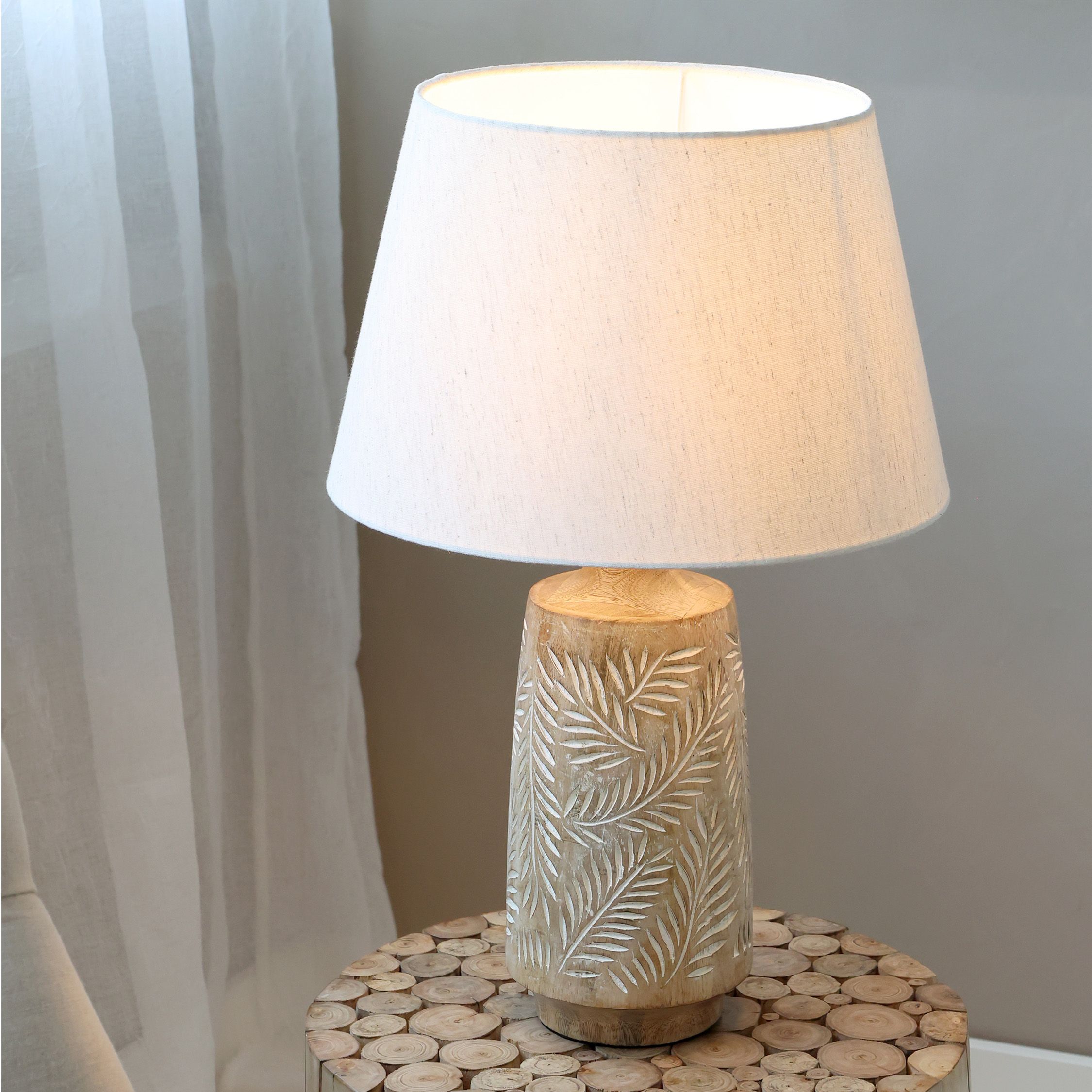 Tischlampe mit Holzfuss und Leinenschirm, natur, 57 cm hoch