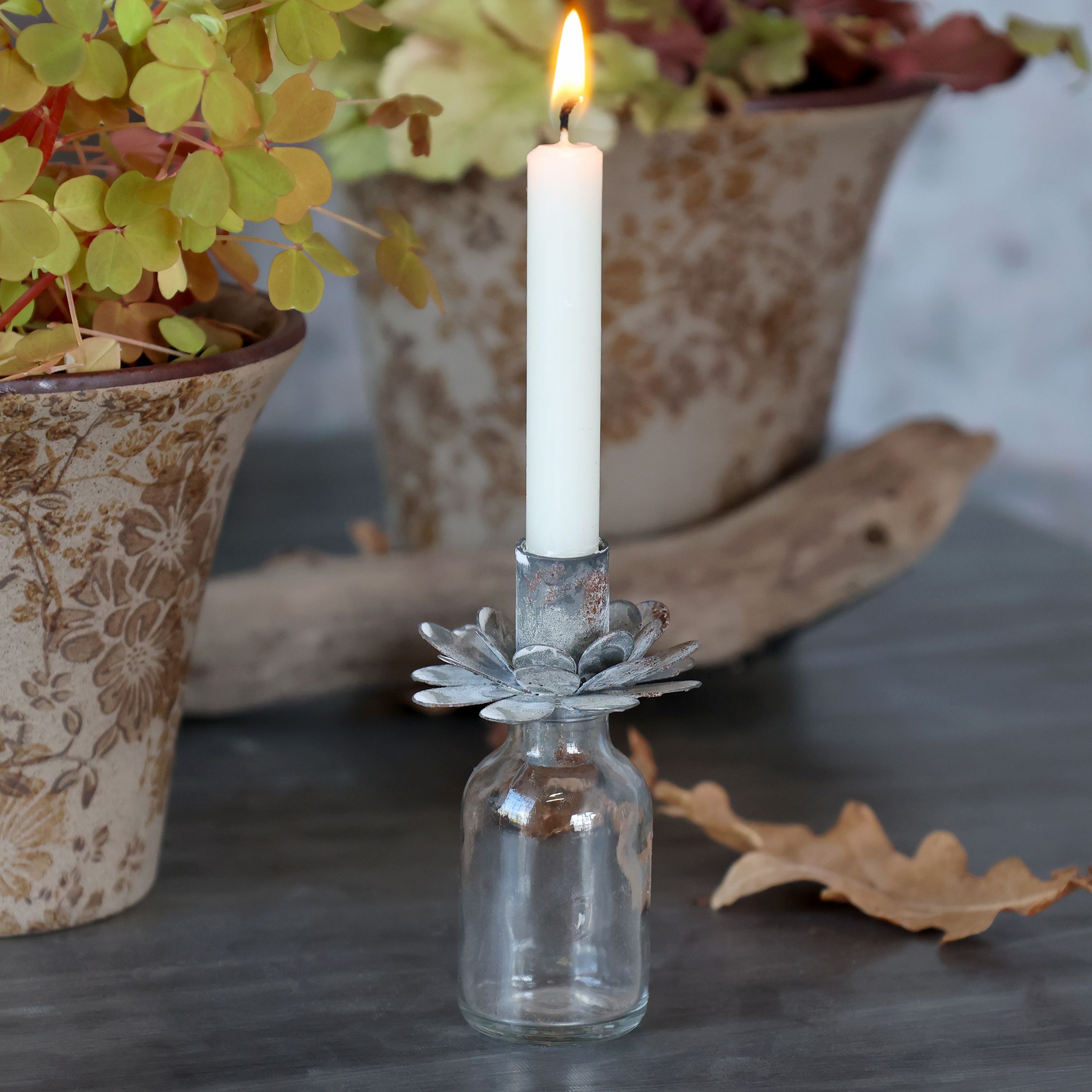 Kerzenständer für Stabkerzen, Glas & Eisen, antique zink