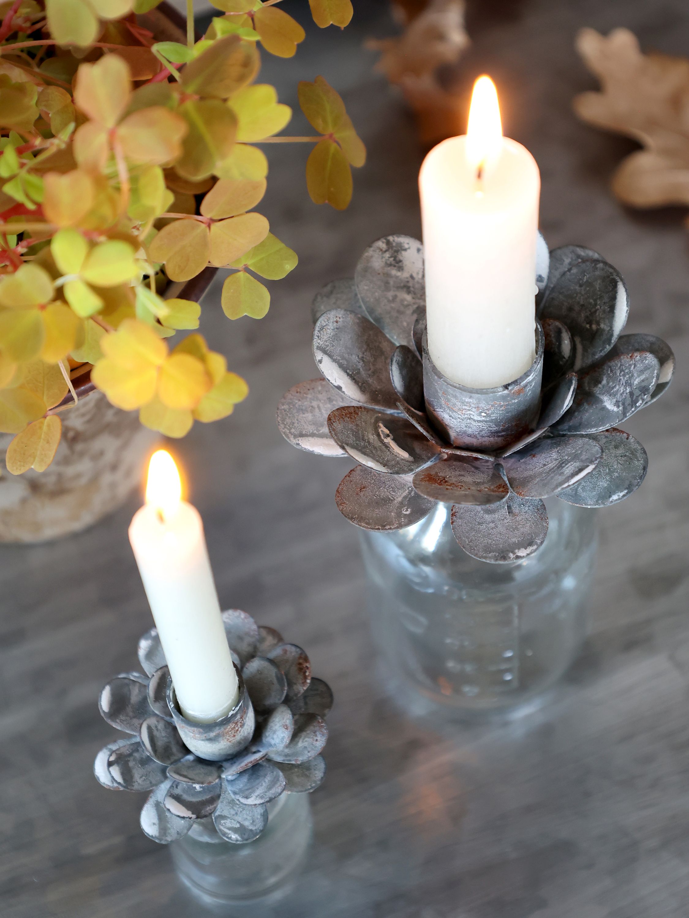 Kerzenständer für Stabkerzen, Glas & Eisen, antique zink