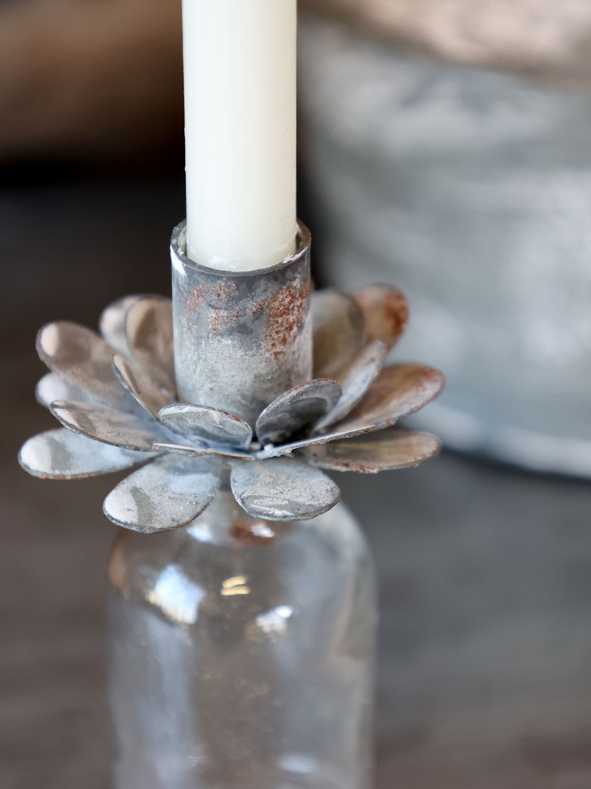 Kerzenständer für Stabkerzen, Glas & Eisen, antique zink