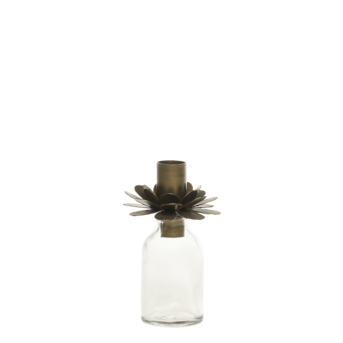 Kerzenständer für Stabkerzen, Glas & Eisen, antik messing