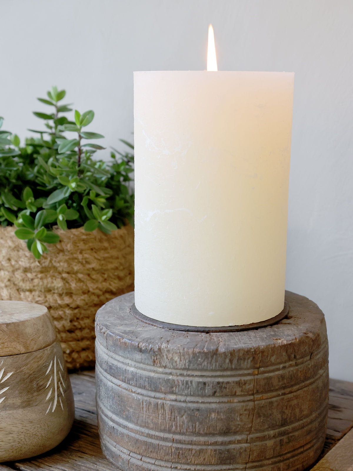 Kerzenständer aus Recyclingholz und Eisen, 19 cm hoch