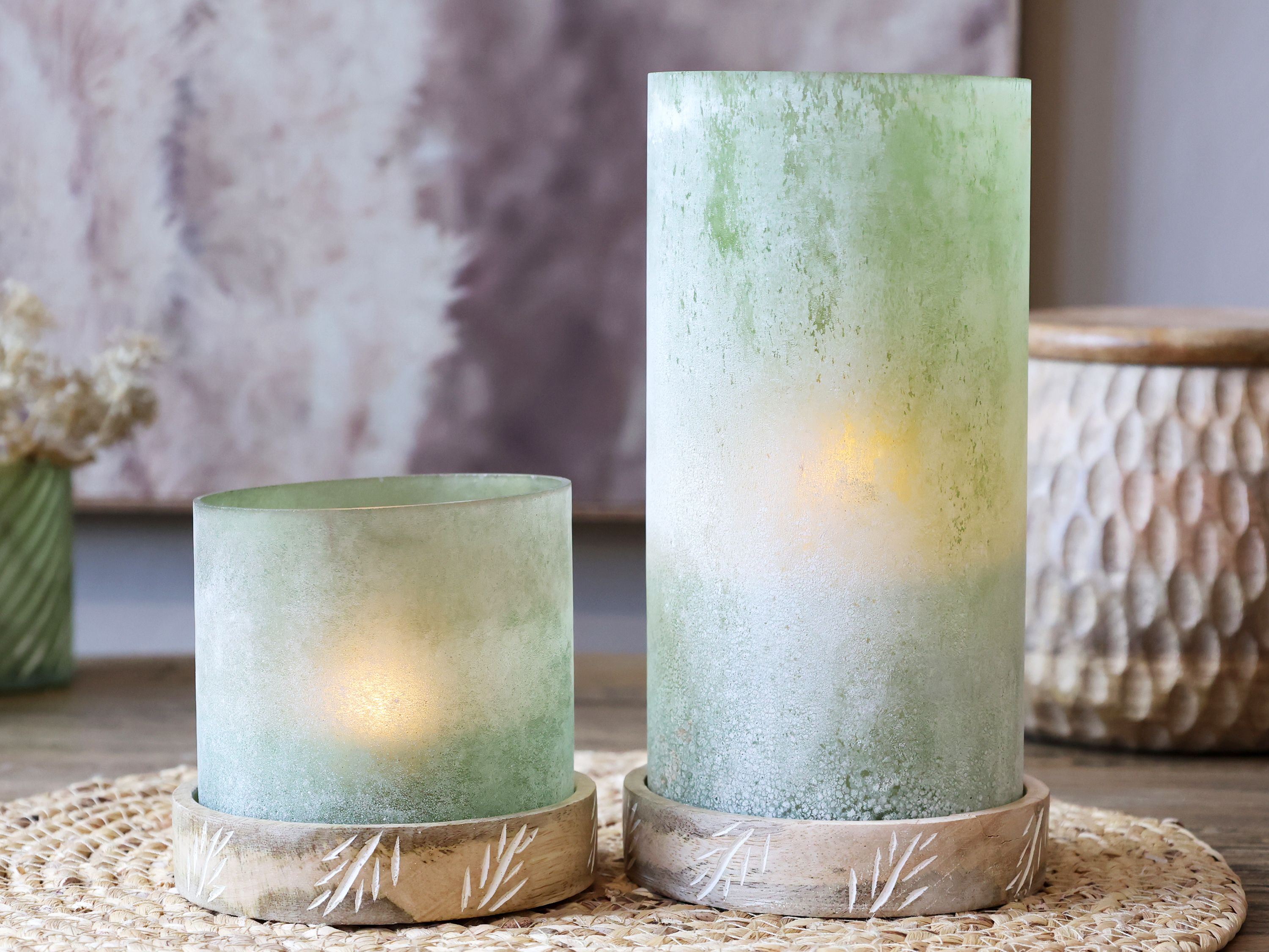 Windlicht aus Glas mit Mangoholz-Sockel, 12 cm