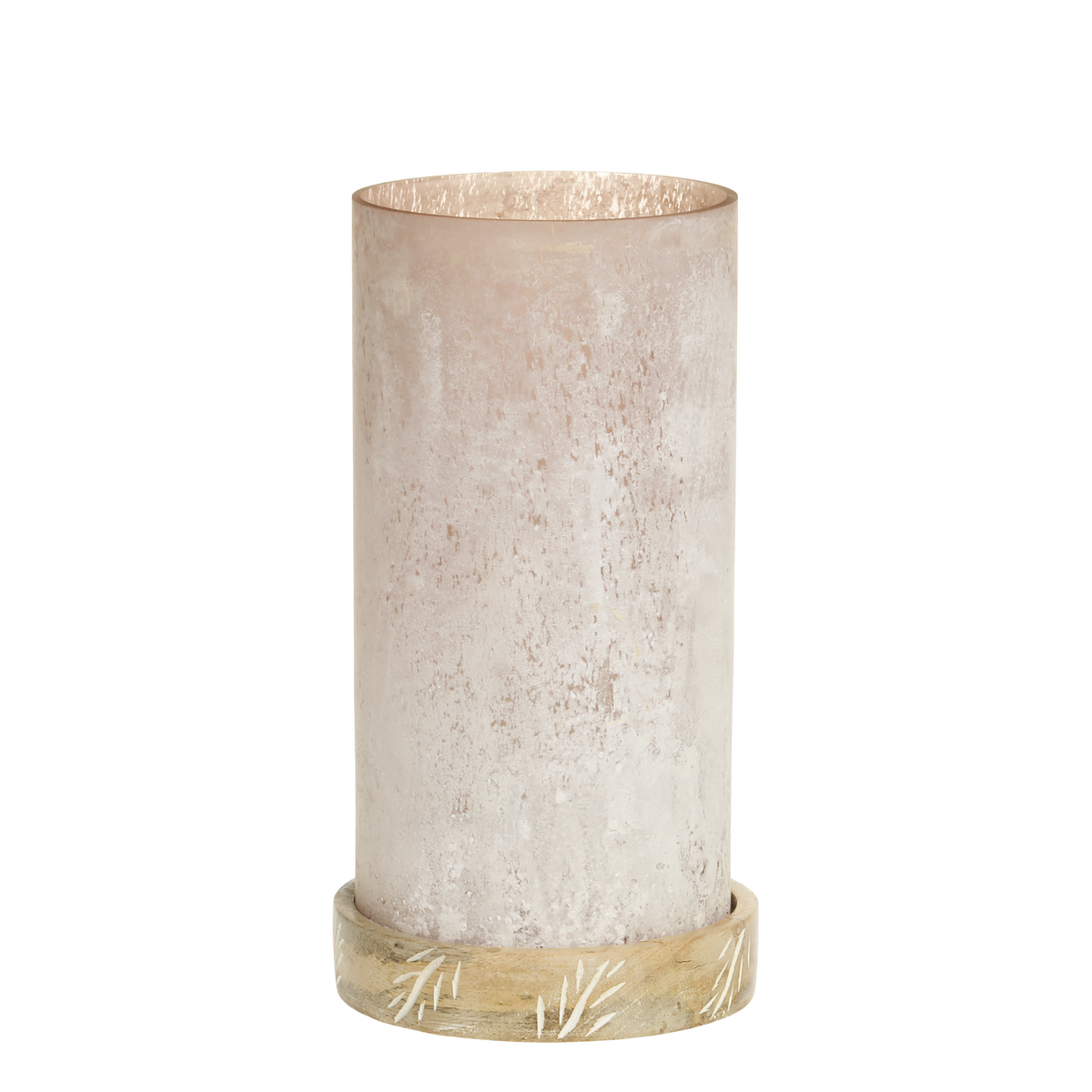 Windlicht aus Glas mit Holz-Sockel, antik rosa, 22 cm