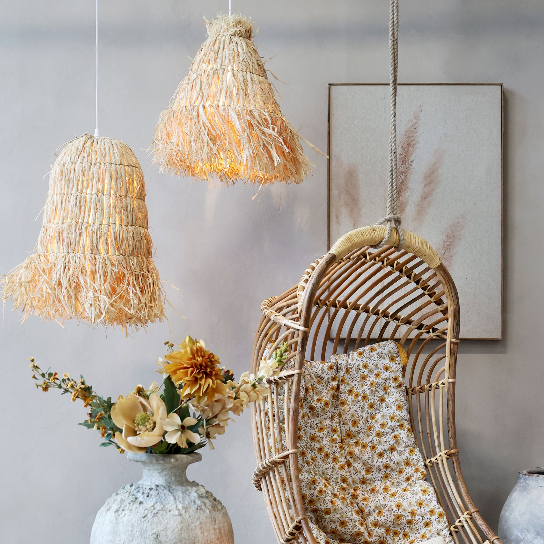 Lampenschirm geflochten aus Raffia, 32 cm hoch, natur