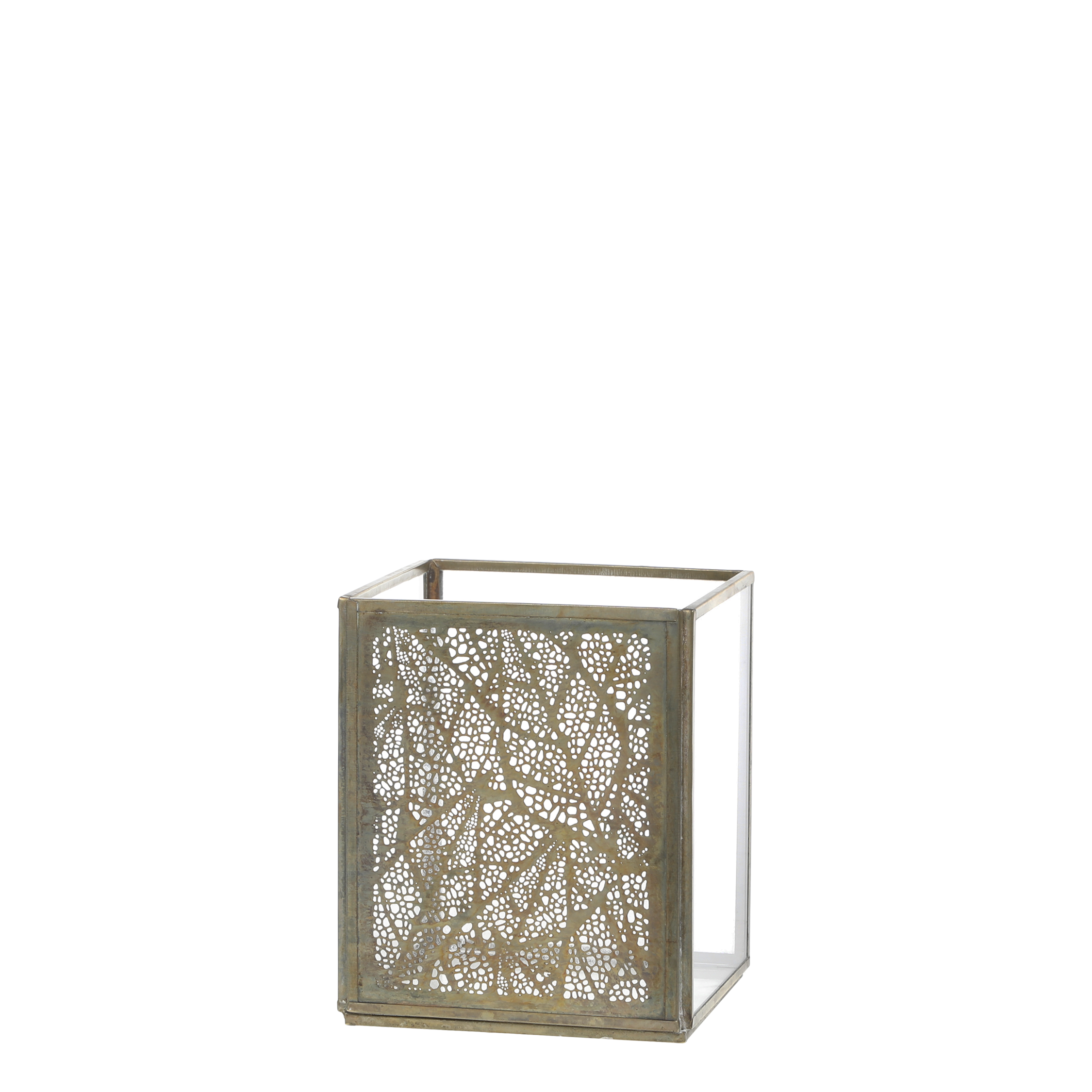 Windlicht mit Muster aus Glas und Eisen, antik messing