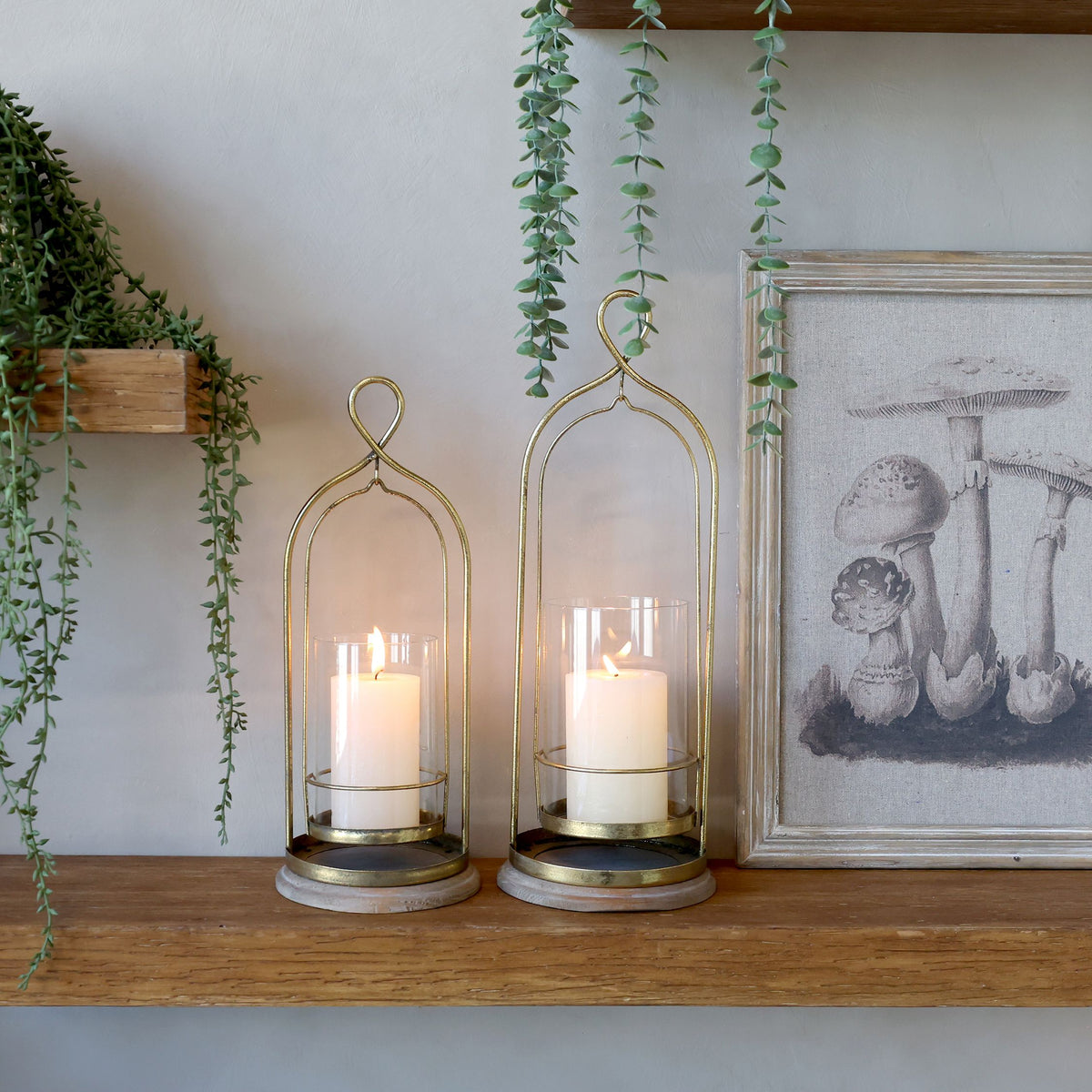 Windlicht mit Glas, antik messing, 34 cm hoch