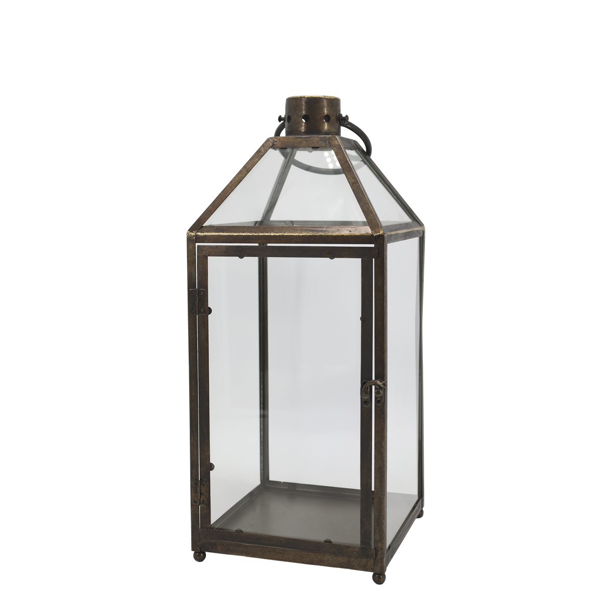 Laternen für Kerzen aus Glas und Eisen, Antik-Messing, 56 cm